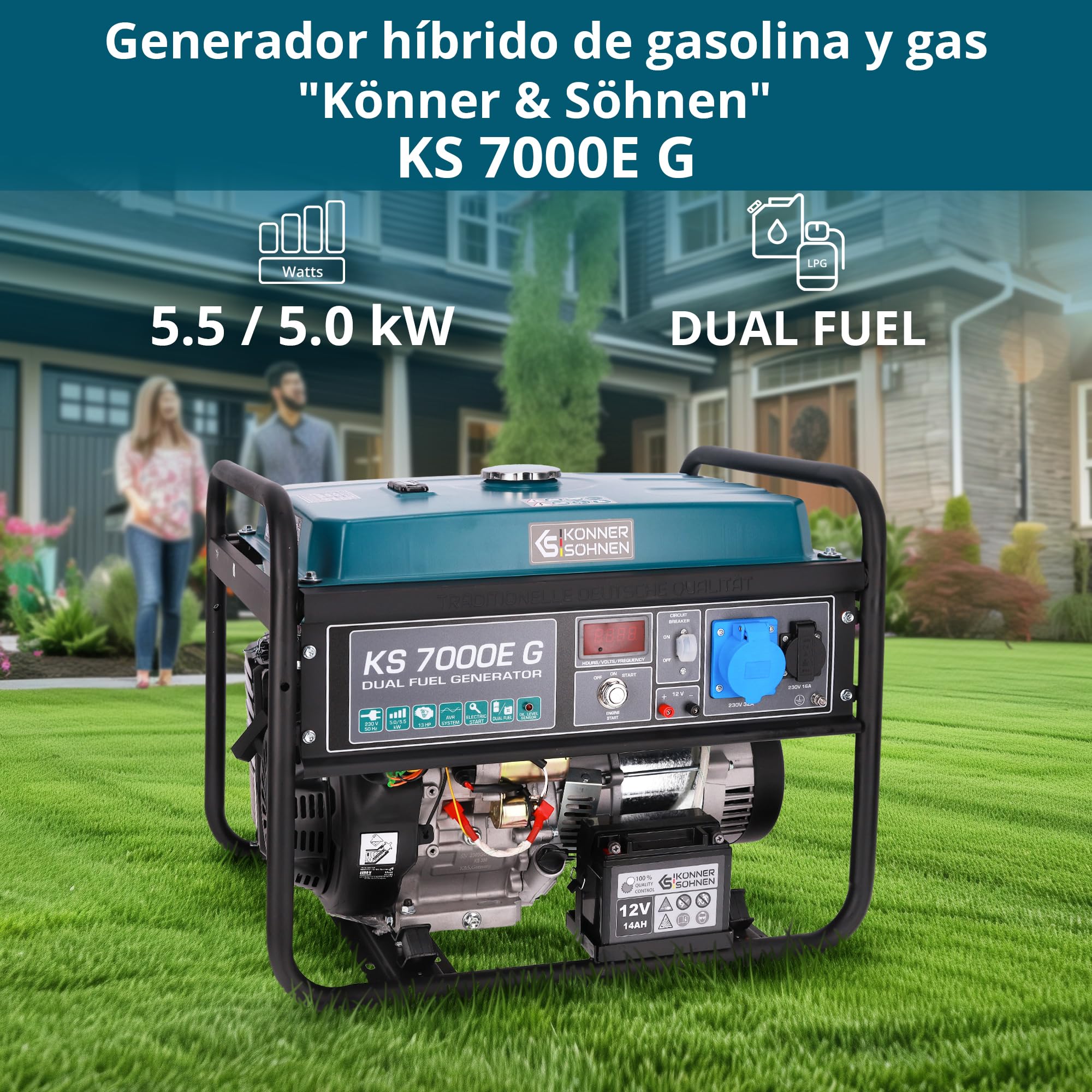 Generador de doble combustible (gasolina y gas) KS 7000E G, generador electrico gasolina5500W,1x16A,1x32 (230V),12V, generador 4 tiempos con (AVR),indicador aceite,protección ante sobrecargas