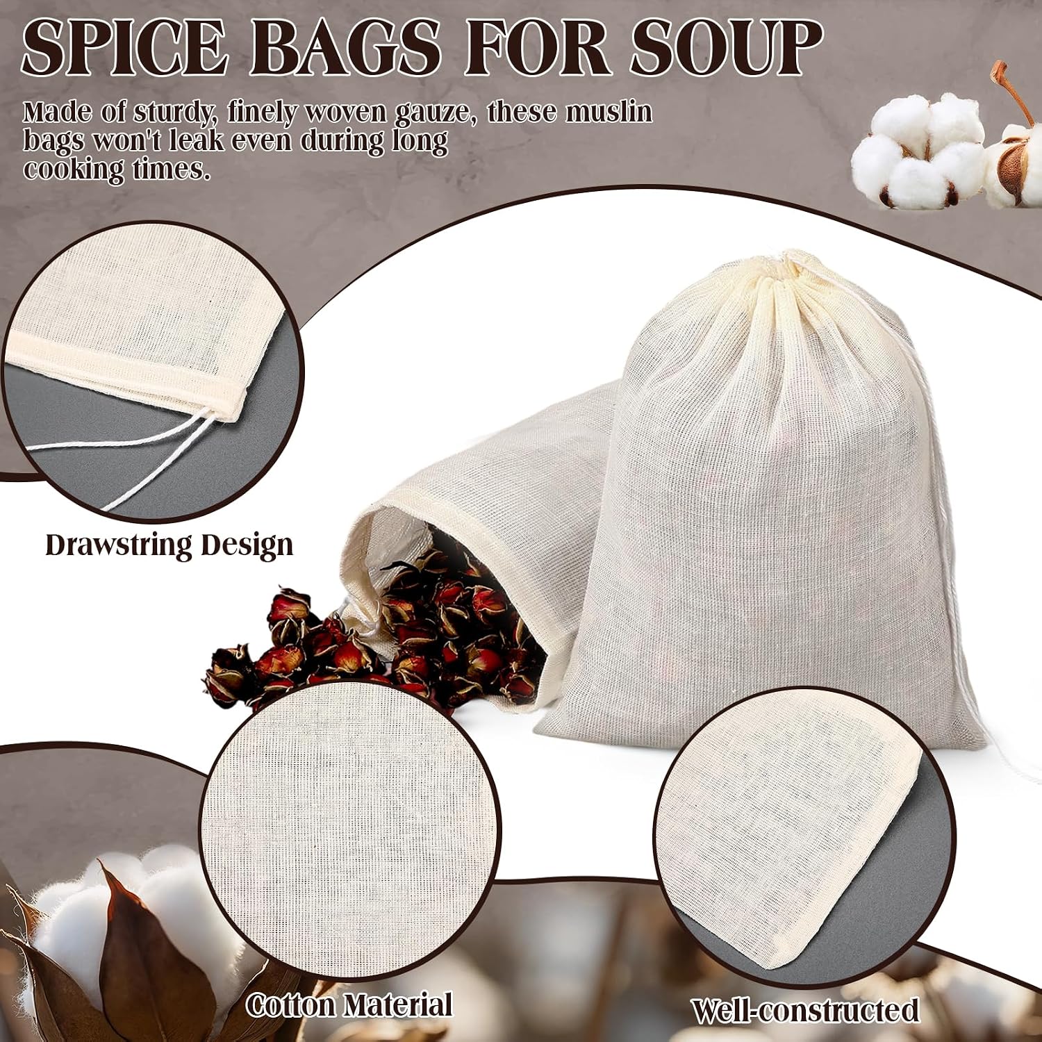 Fanfanwin 100 Pcs 2.4 x 3.1 Inch Muslin Bags with Drawstrings Spice Bags for Cooking Reusable Tea Filters Herb Containers for Cooking Loose Leaf Tea, Herbs, Spice