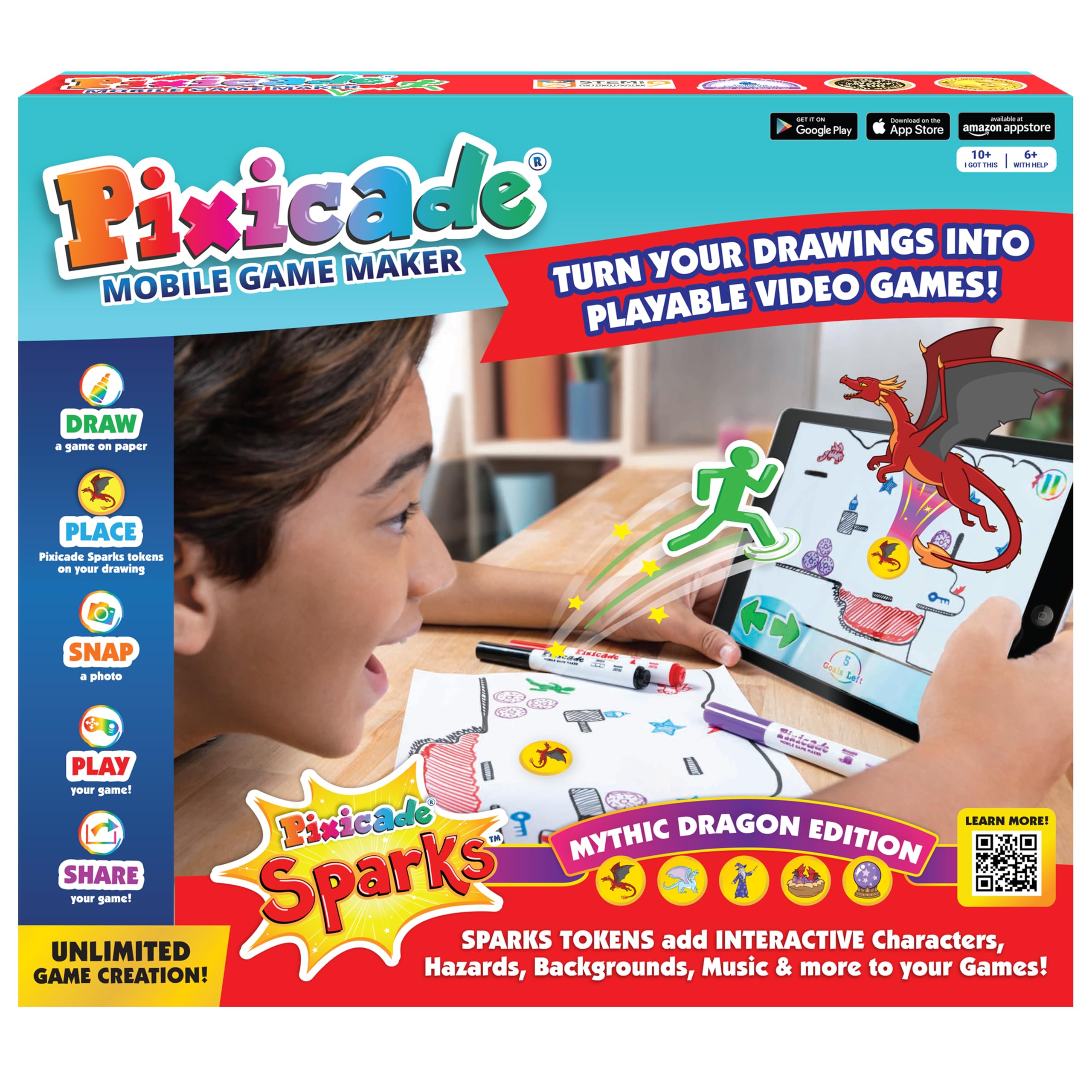 Pixicade Mythical Dragon Sparks Edition- Mobile Game Maker Transform Creative Drawings to Playable Games, Build Your Own Video Game & Play on Smart Device- Award Winning STEM Toy Kids Ages 6-12