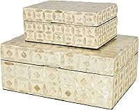 Deco79 Mother of Pearl Shell Decorative Box Set of 2, Coastal Beige Jewelry Keepsake Storage Boxes 12" & 8" - Elegant Coastal Decor