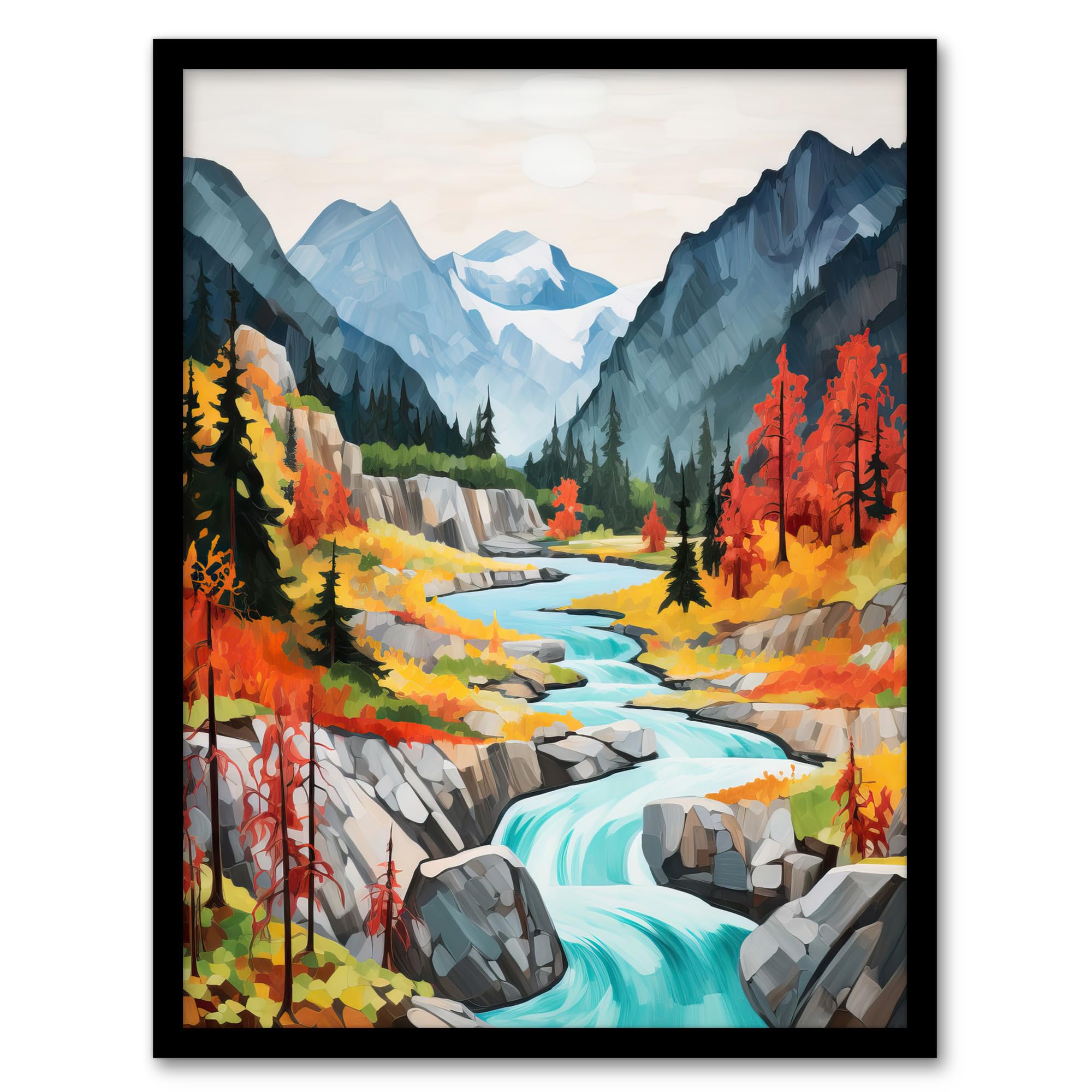 Artery8 Jiuzhaigou Valley Acrylic Painting China Biosphere Reserve With Forest Mountains And Streams Artwork Framed Wall Art Print A4