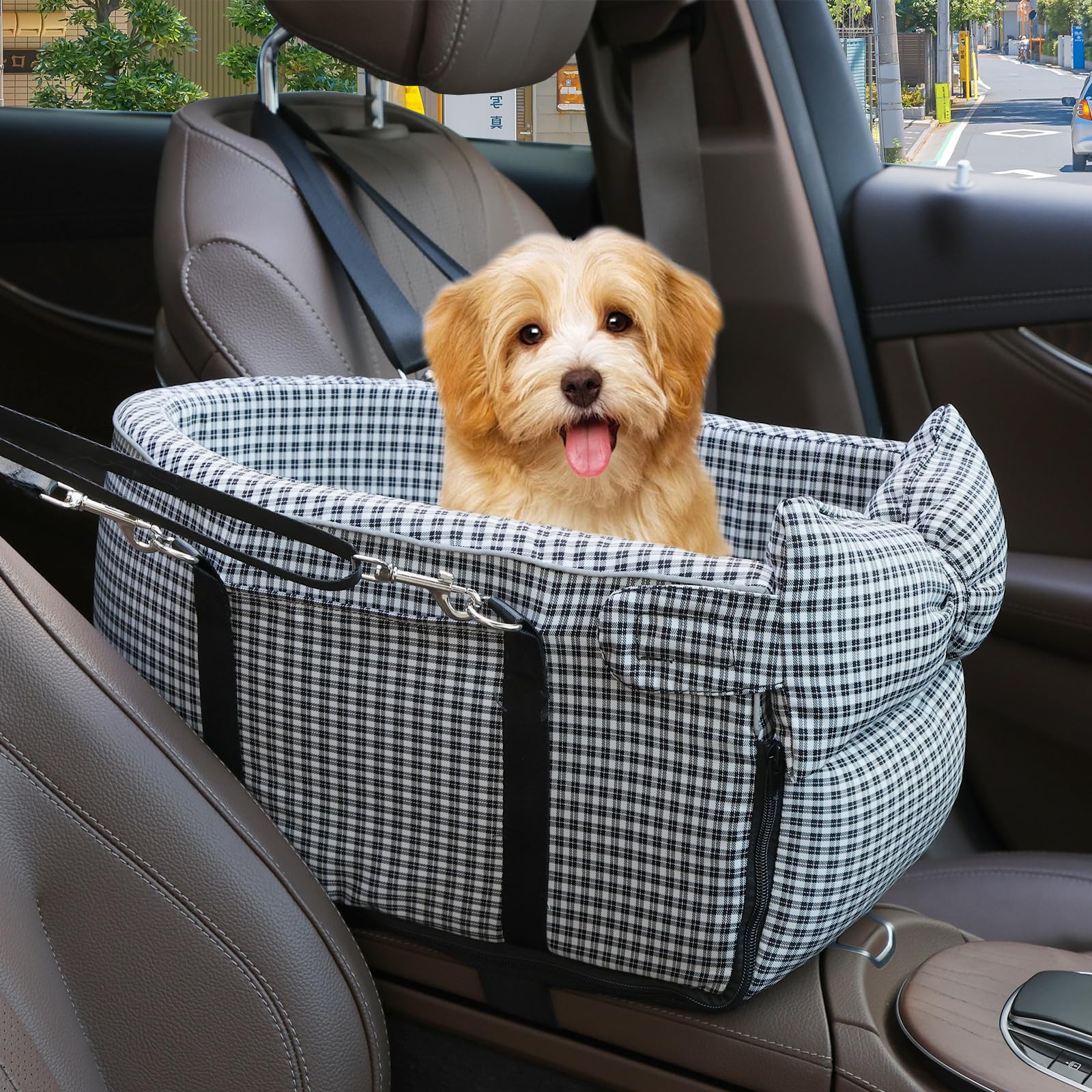 Prpeko Dog Car Seat for Small Dogs, Anti-Collapse Pet Seat with Soft Cushion Safety Belt, Fits Dogs & Cats Under 15 lbs (Grid-Black)