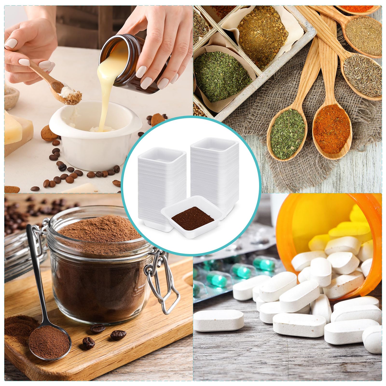 Sherr Paquete de 500 botes de pesaje de 330 ml a granel, antiestáticos, blancos, bandejas de pesaje cuadradas de plástico fáciles de verter para llenar cápsulas, plato de laboratorio, polvo, líquido