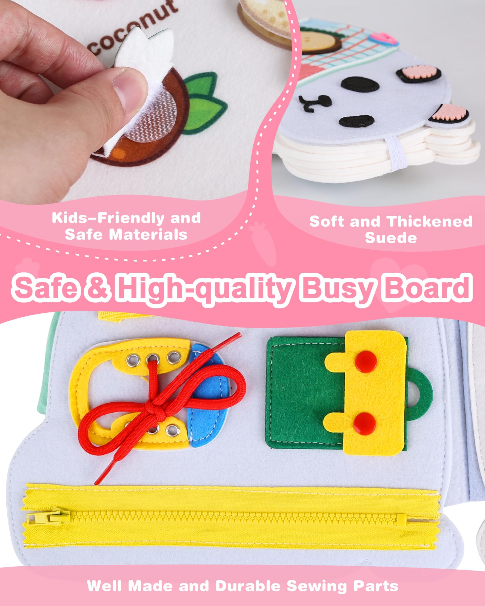 Heypappy Busy Board,12 in 1 Montessori Busy Board Feltro,Montessori Didattici Libro Sensoriale Educativo, Giocattolo per Abilità Motorie con Cintura Zaino Regalo Bambino Compleanno Natale