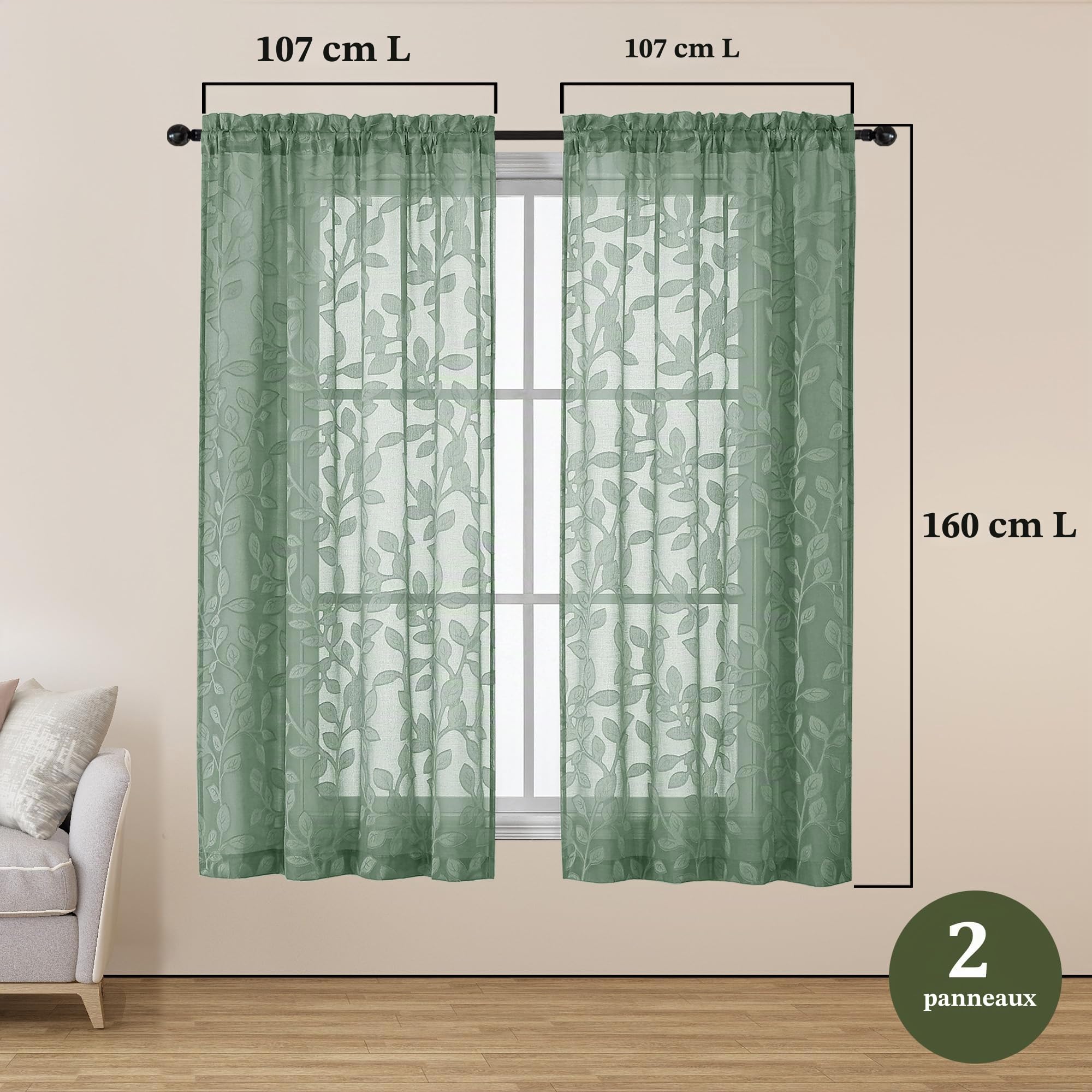 OVZME 2 panneaux de rideaux texturés avec motifs jacquard de feuilles pour chambre à coucher et salon, voiles semi-transparents filtrant la lumière avec clips, vert sauge, 107 x 160 cm par panneau