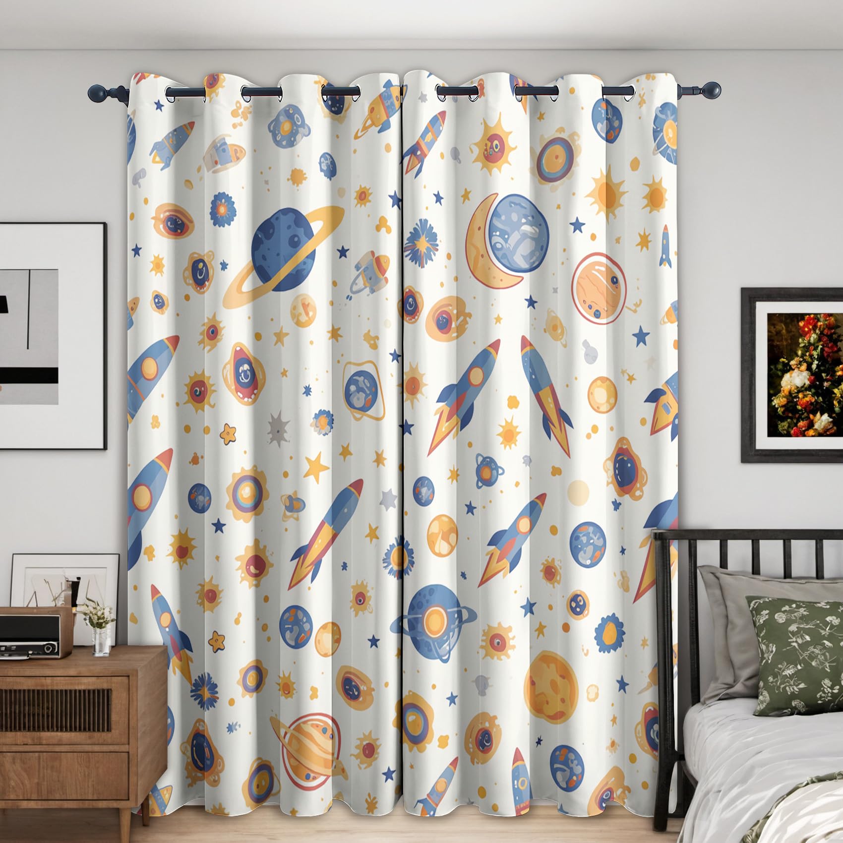 Space Planet Rocket Curtains Blackout, 46x72 Inch 2 Panels - Star Kids Cartoon Pattern Black Out Curtains, Home Decor, 72 Drop Eyelet Window Drapes for Bedroom, Living Room DH101