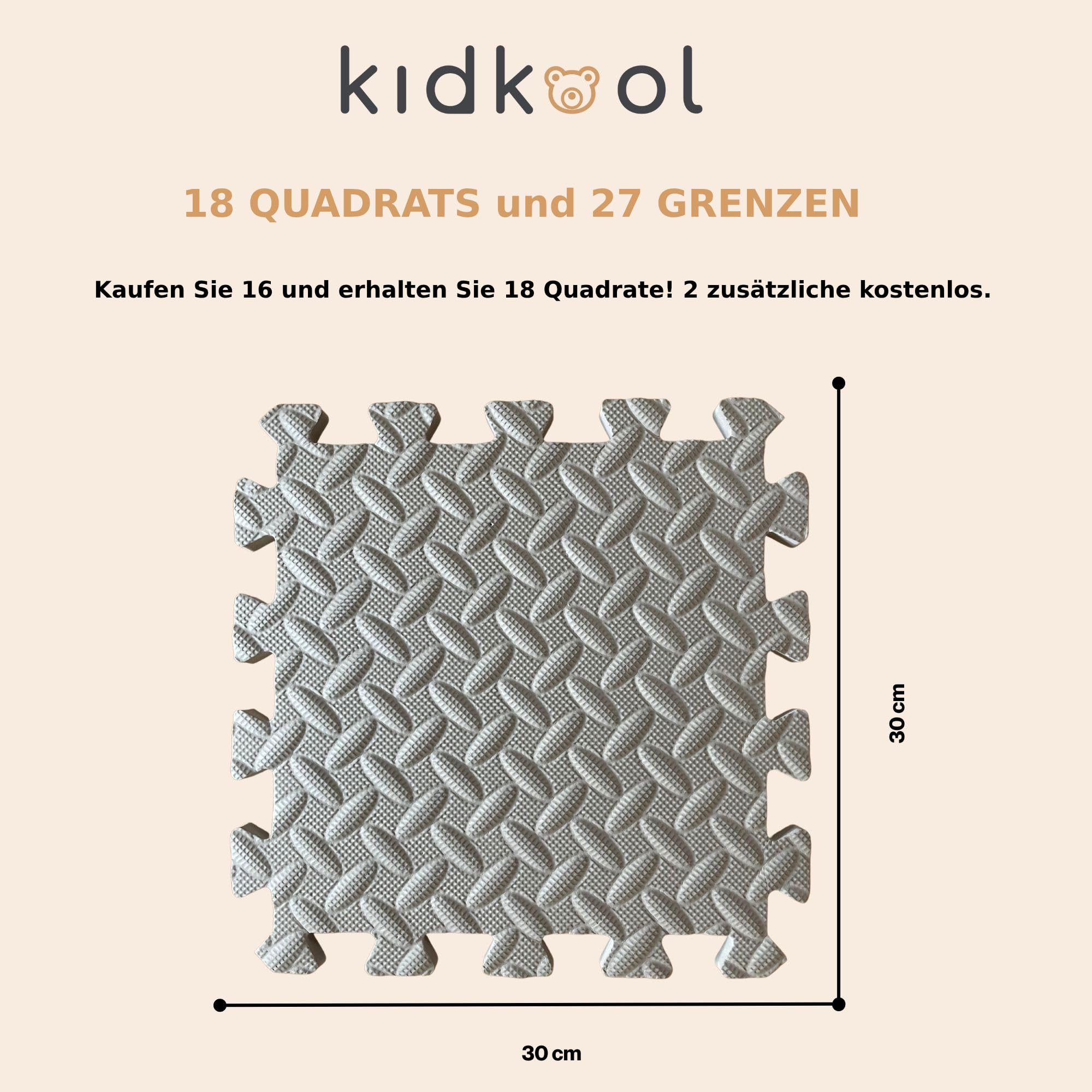 Kidkool Puzzlematte Spielmatte für Baby u. Kinder mit 18 Stück in Grau, Weiß und Beige Farben - 100% Ungiftig, rutschfest und Abwischbar | PUZZLEMAT