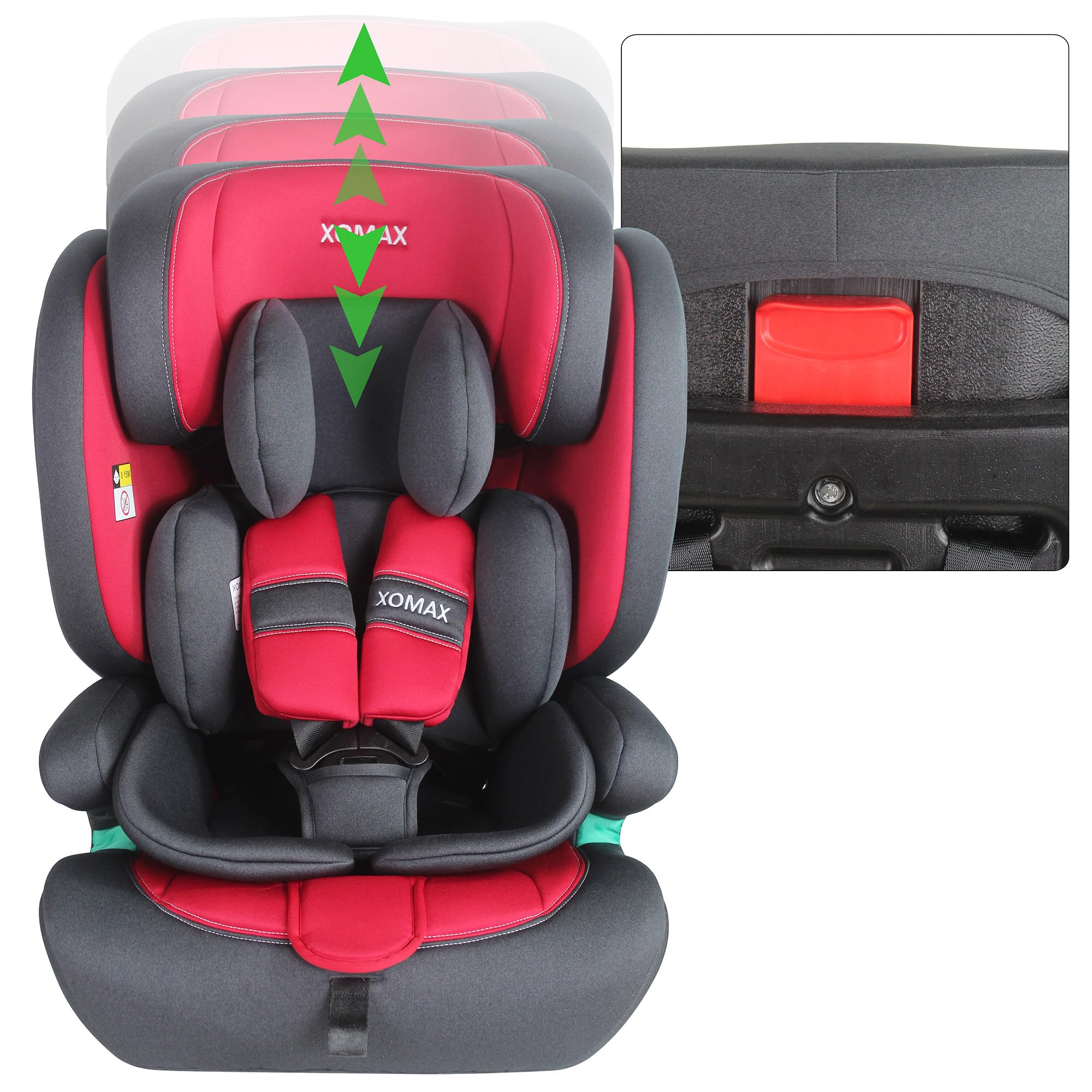 XOMAX LM238 Kindersitz mit ISOFIX I Mitwachsend I 9-36 kg, 15 Monate - 12 Jahre, Gruppe 1/2/3 I 5-Punkt-Gurt und 3-Punkt-Gurt I Bezug Abnehmbar und Waschbar I ECE R129 I Rot