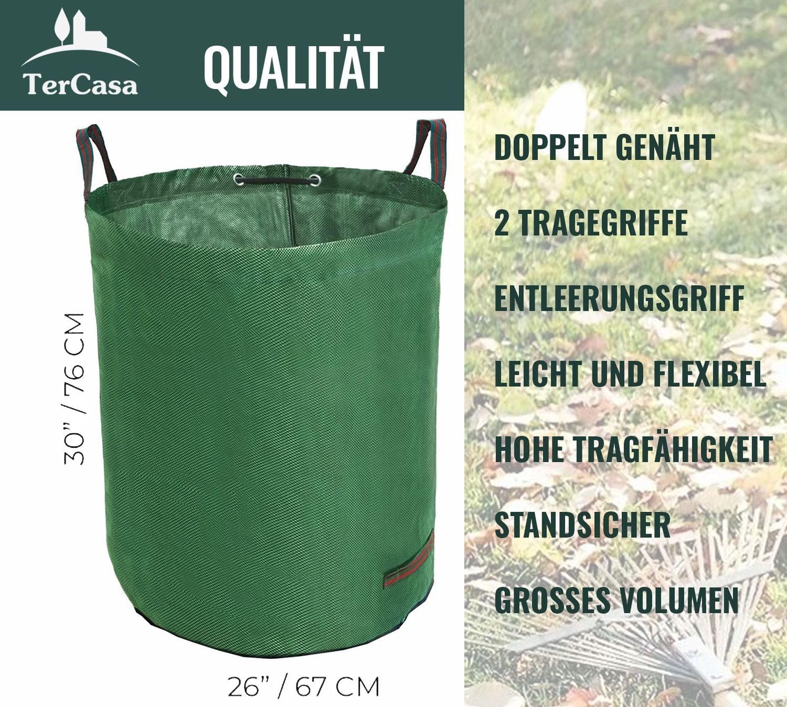 Sacco per rifiuti da giardino, 4 pezzi, 272 l, altezza 76 cm, diametro 67 cm, in tessuto di polipropilene antistrappo, con anello di rinforzo e 4 manici, colore: Verde