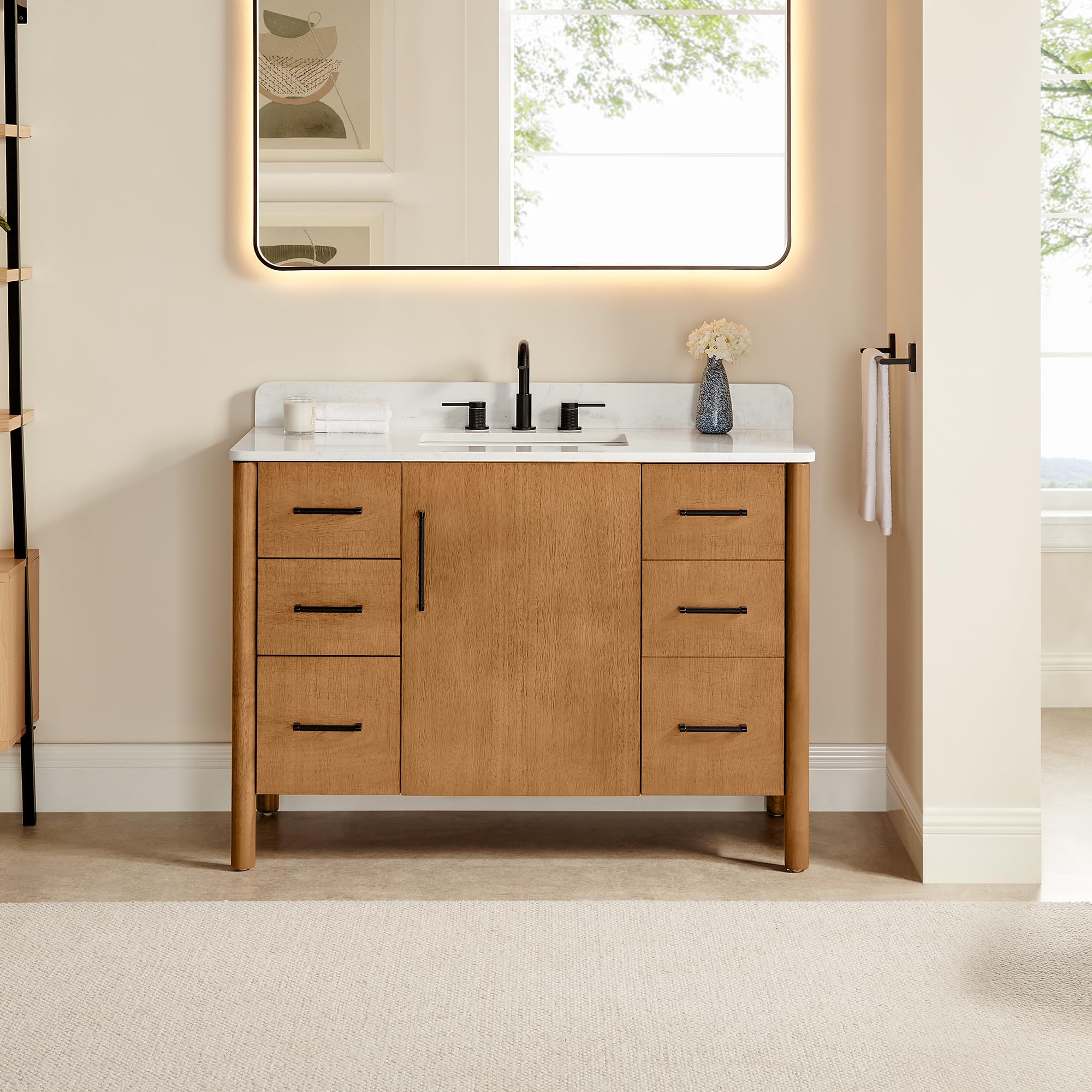 Altair Design Velora 48" Wood Vanity in Mango Brown White Engineered Stone Top no Mirror