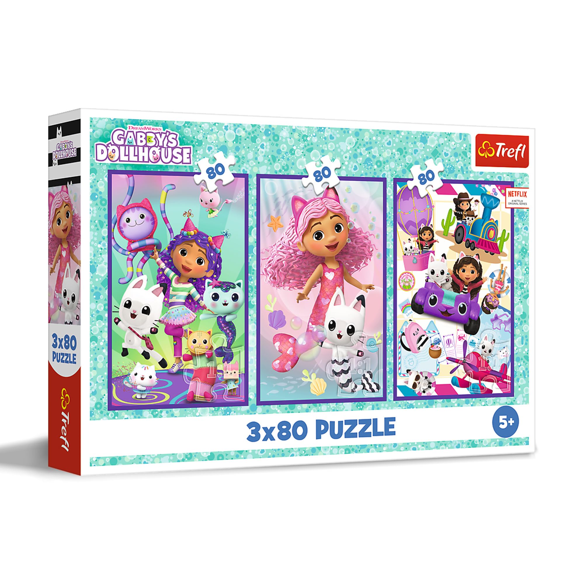 Trefl - Puzzle 3w1: Gabby's Dollhouse, Kolorowe dni Gabby - 3 x 80 Elementów, Zestaw Trzech Układanek dla Dzieci od 5 lat