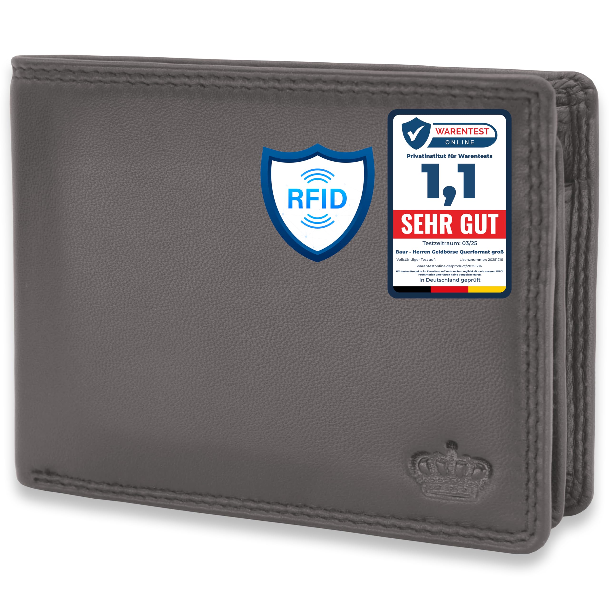 Baur męski portfel z prawdziwej skóry | portfel z ochroną RFID | format poziomy | portfel z przegródką na monety | portfel z wieloma przegródkami na karty, ciemnobrązowy, 12,5 x 9,3 x 2 cm
