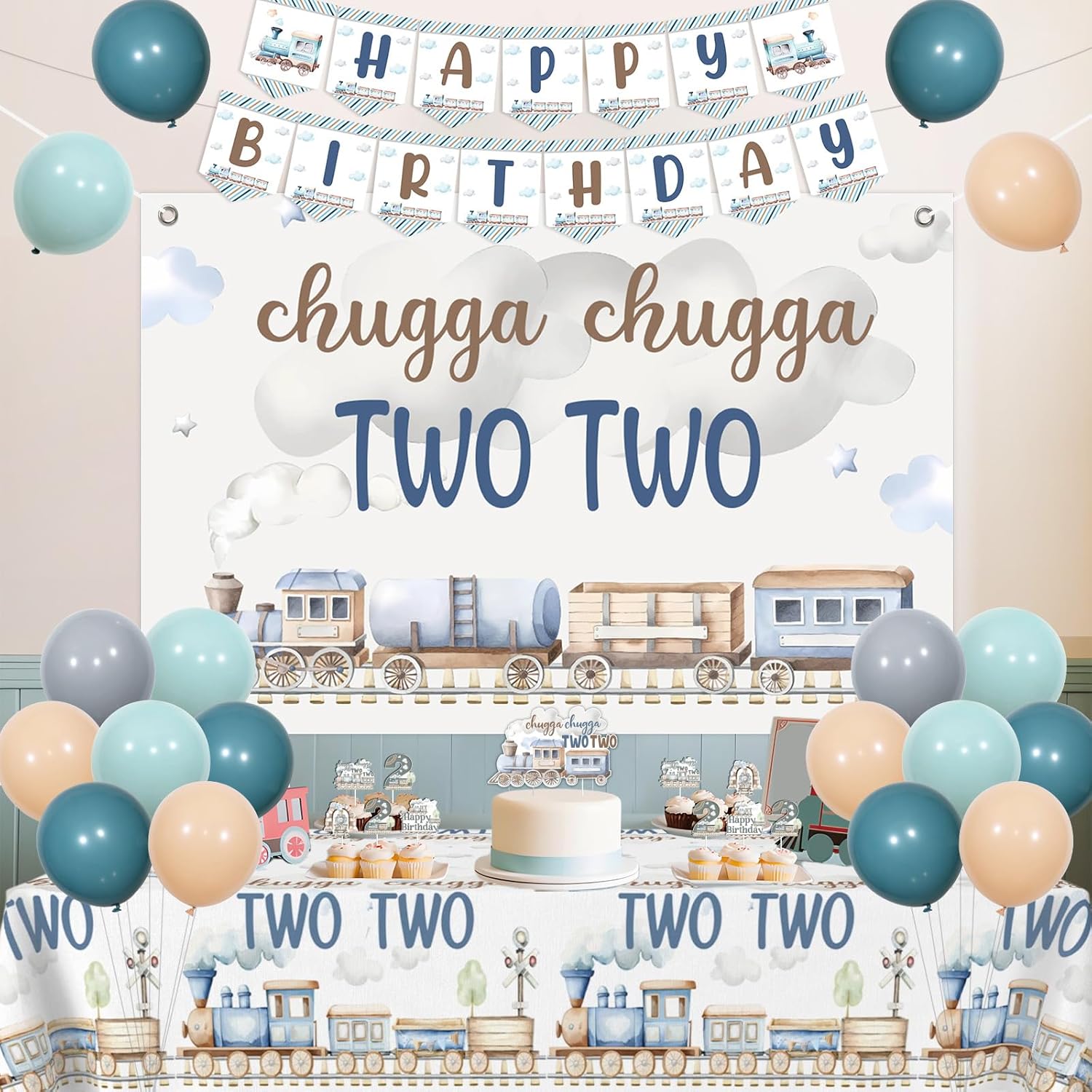 Train 2nd Birthday Decoration Boy, Chugga Chugga Two Two Decorations Backdrop Banner Garland Cake Cupcake Topper Table Cloth Latex Balloon for Retro Train 2nd Birthday Decoration