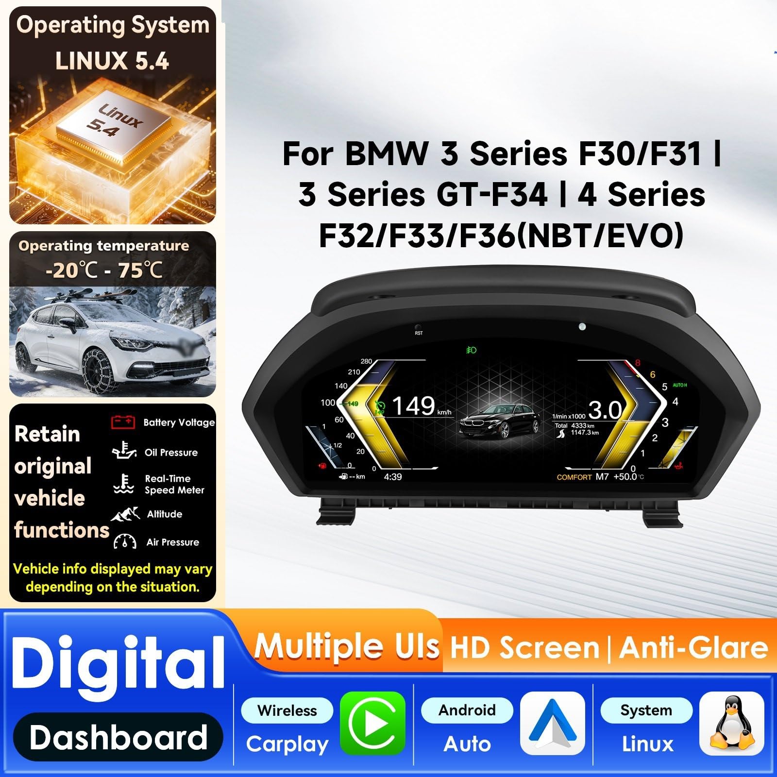 Cyfrowy miernik Do Bmw Serii 3/4 F30 GT-F34 F32 Wyświetlacz Head Up | 2013-2020 Styl Prędkościomierza12.3 Cal Cyfrowa Deska Rozdzielcza Samochodu