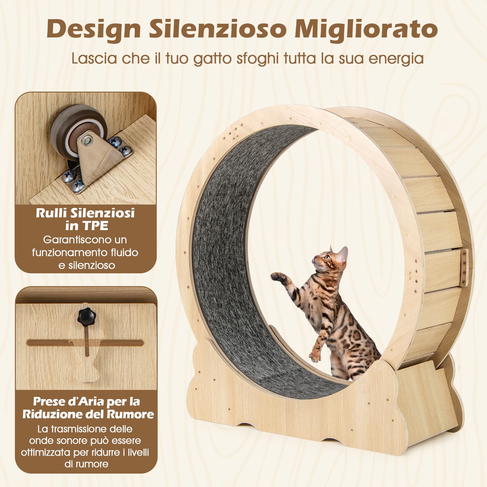 COSTWAY Ruota per Esercizio per Gatti da Interno 101 cm, Tapis Roulant per Gatti con Meccanismo di Blocco, Corsa con Moquette Rimovibile, Ruota di Allenamento in Legno a Rumore Ultra Basso