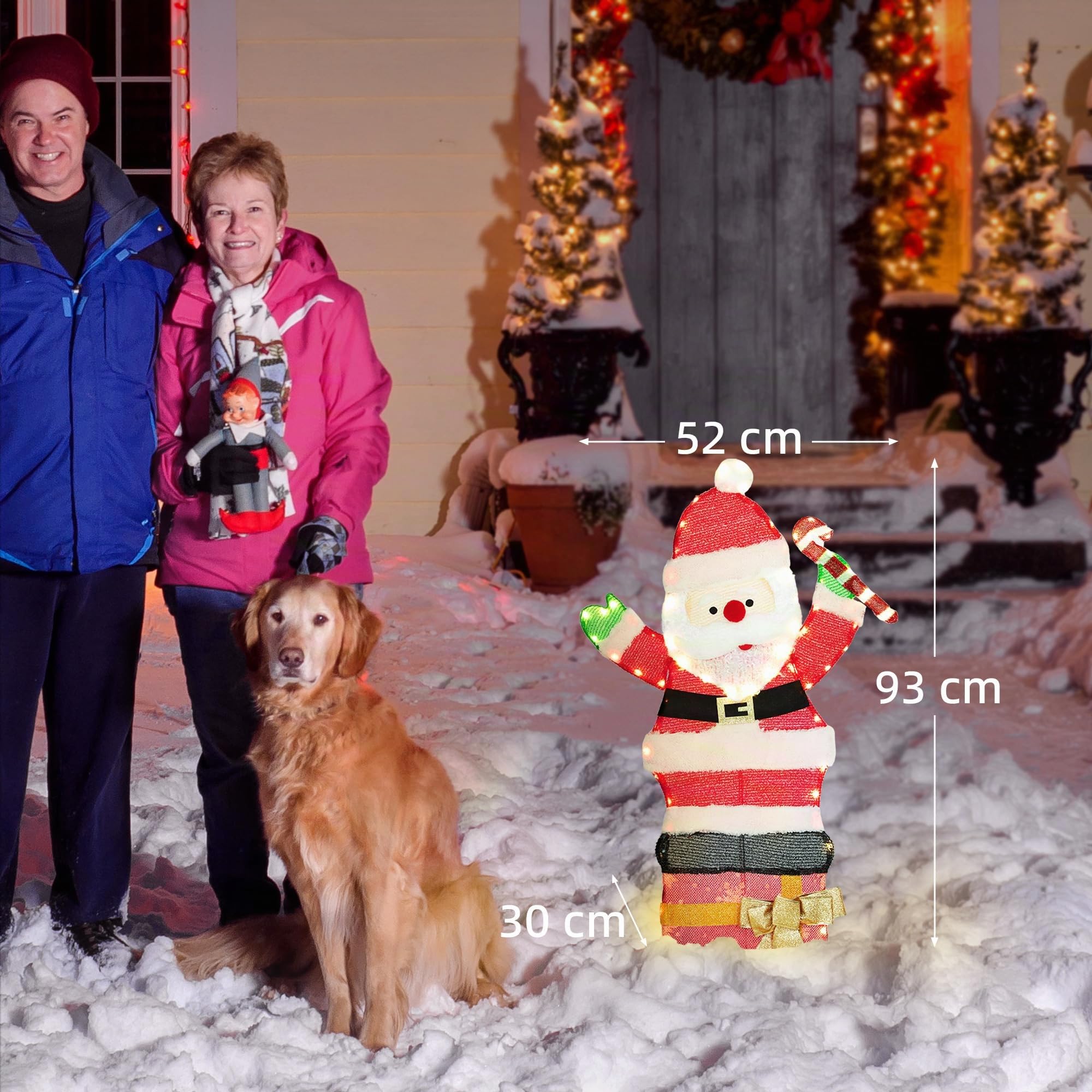 Outsunny Père Noël Lumineux de 90 cm avec 97 LED Blanc Chaud, Piquets, IP44 | Décoration Noël Personnage, Attaches Zippées, Intérieur, Extérieur