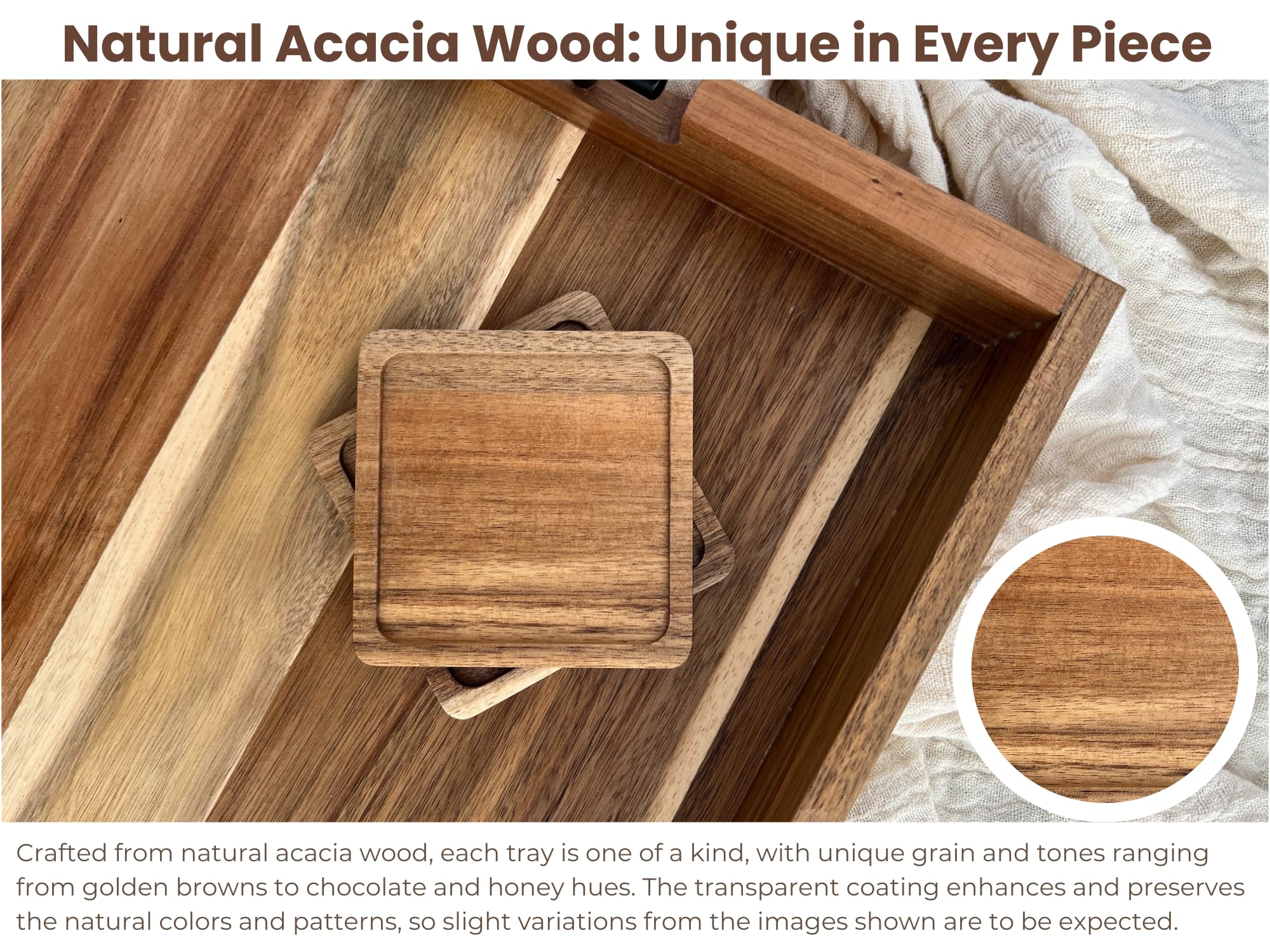 Bandeja otomana de madera de acacia para sala de estar, mesa de café grande de 21 pulgadas con asas y juego de 6 posavasos, perfecta para alimentos, bebidas, cocina y decoración del hogar