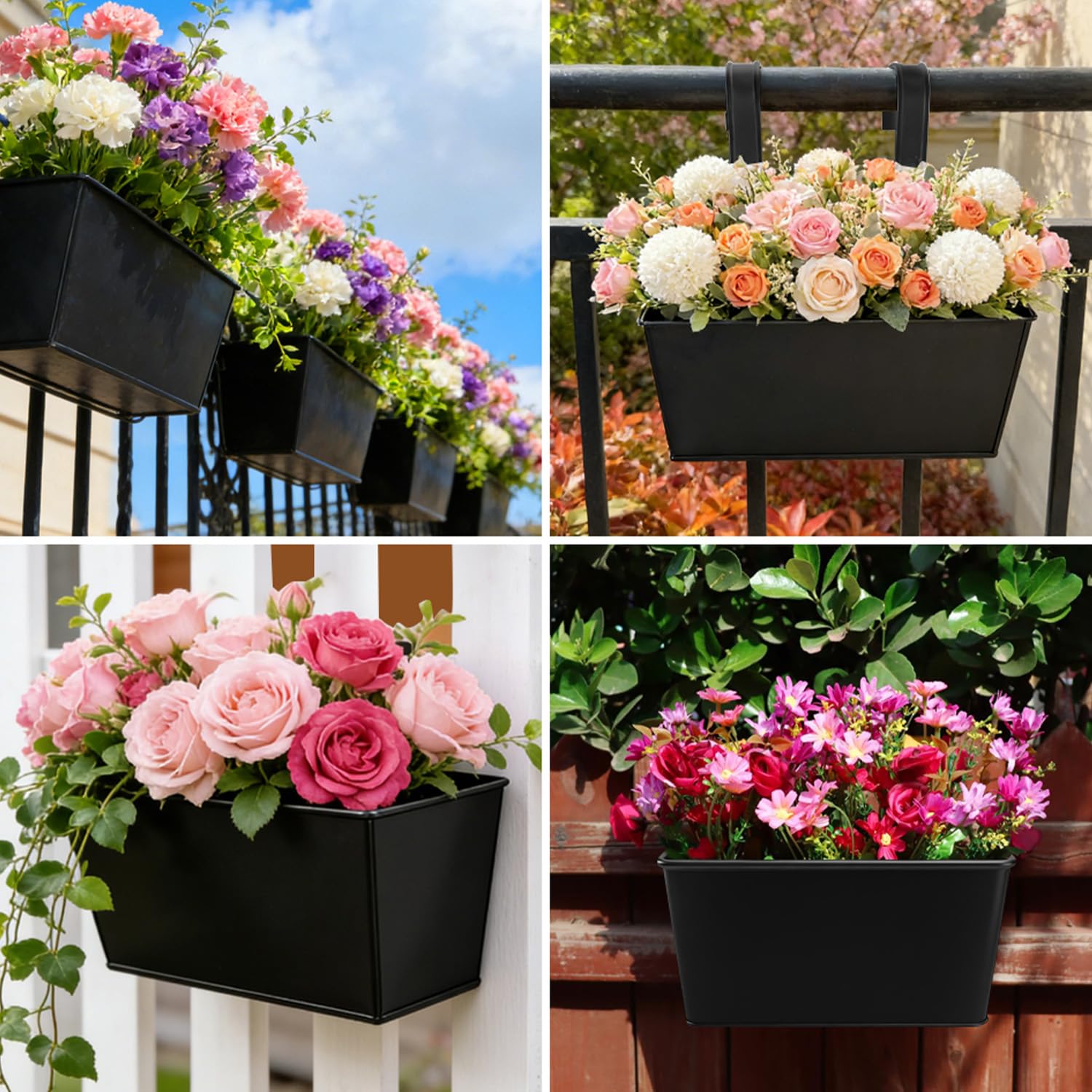 4 Stück Blumentopf Hängend, 27×24.5cm Balkon Hängende Blumentöpfe mit Abnehmbarem Haken für Balkon & Garten, Wetterfeste Übertöpfe aus Metall Für Innen & Außen, Geländer & Zaun（Schwarz）