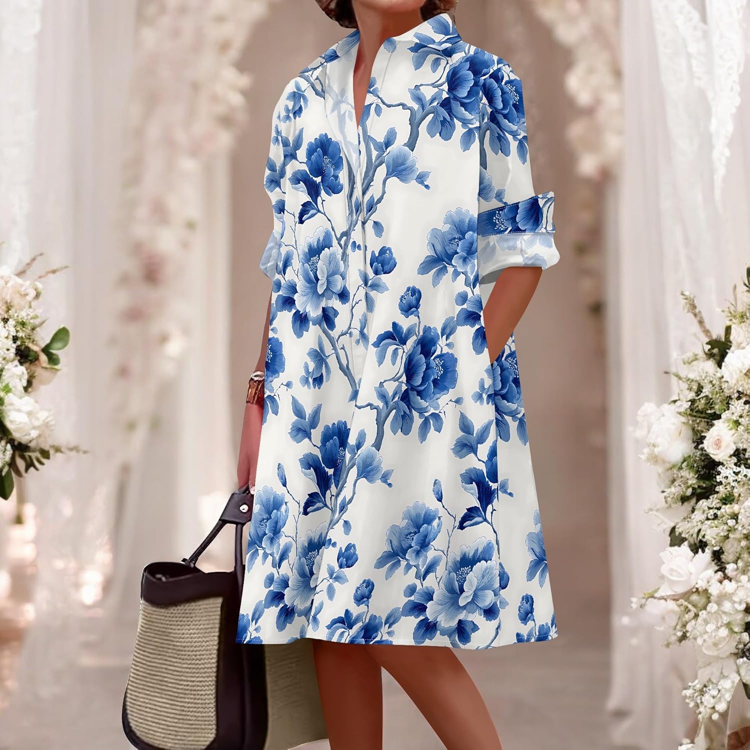 Shirt Dresses for Women 2025 Summer Long Sleeve Casual Plus Size Floral Printed Beach Vacation Dress with Pockets - Image 3