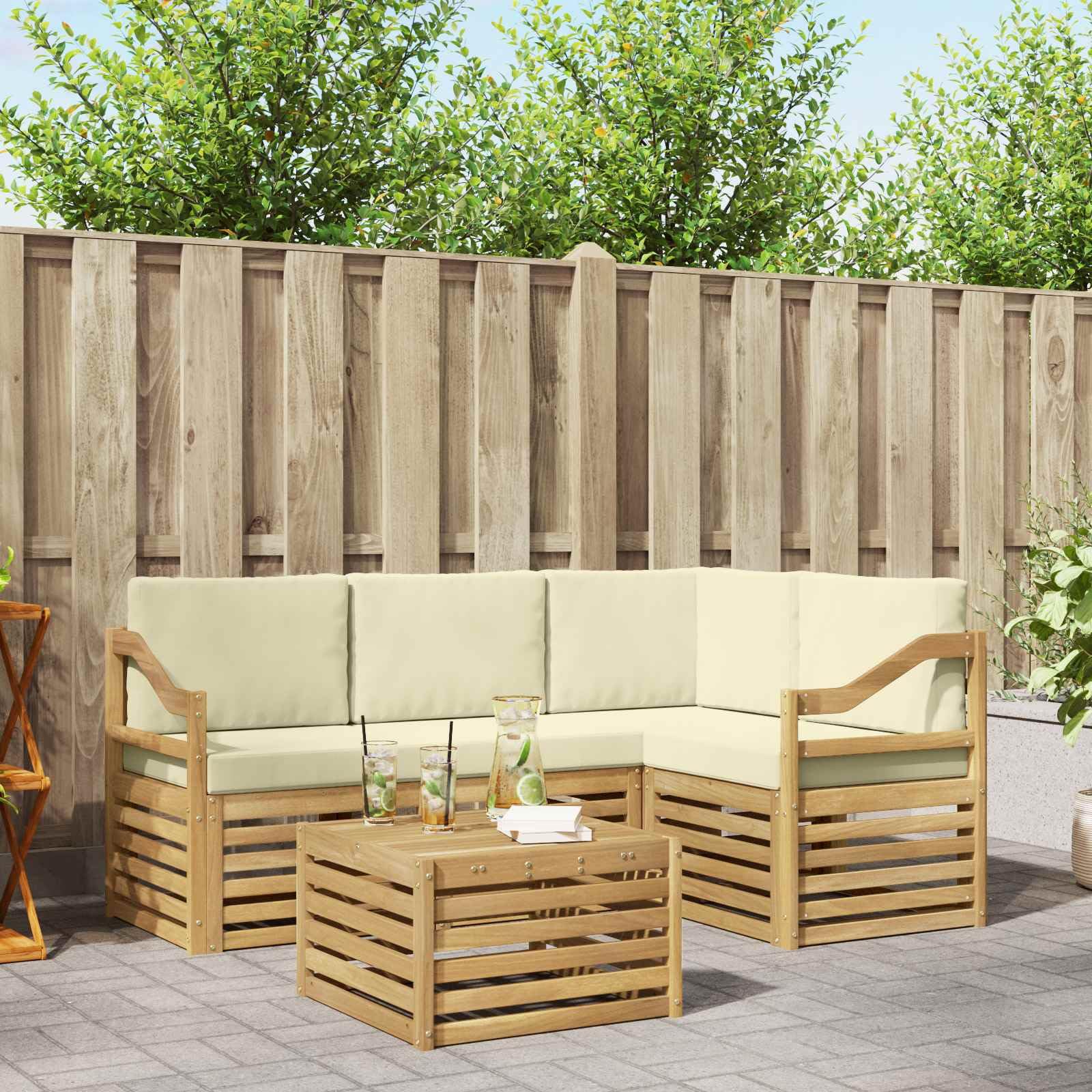 Outdoor-Sofagarnitur mit Kissen 5-teilig Weiß Creme Polyester wetterfest mit Tisch Sitzgruppe für Garten Terrasse Balkon mit Armlehnen und modularer Wohnlandschaft