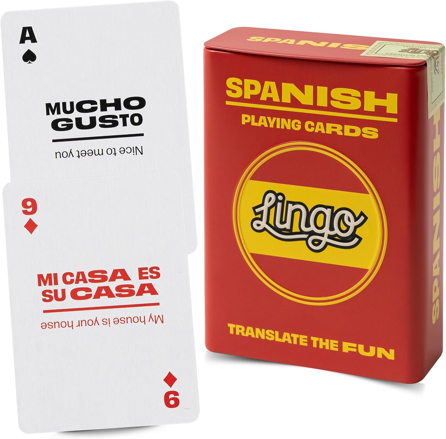 Lingo Spanish Playing Cards in Wayfarer Tin Box | Travel Flashcards | Learn Spanish Vocabulary in A Fun & Easy Way | 52 Essential Translations