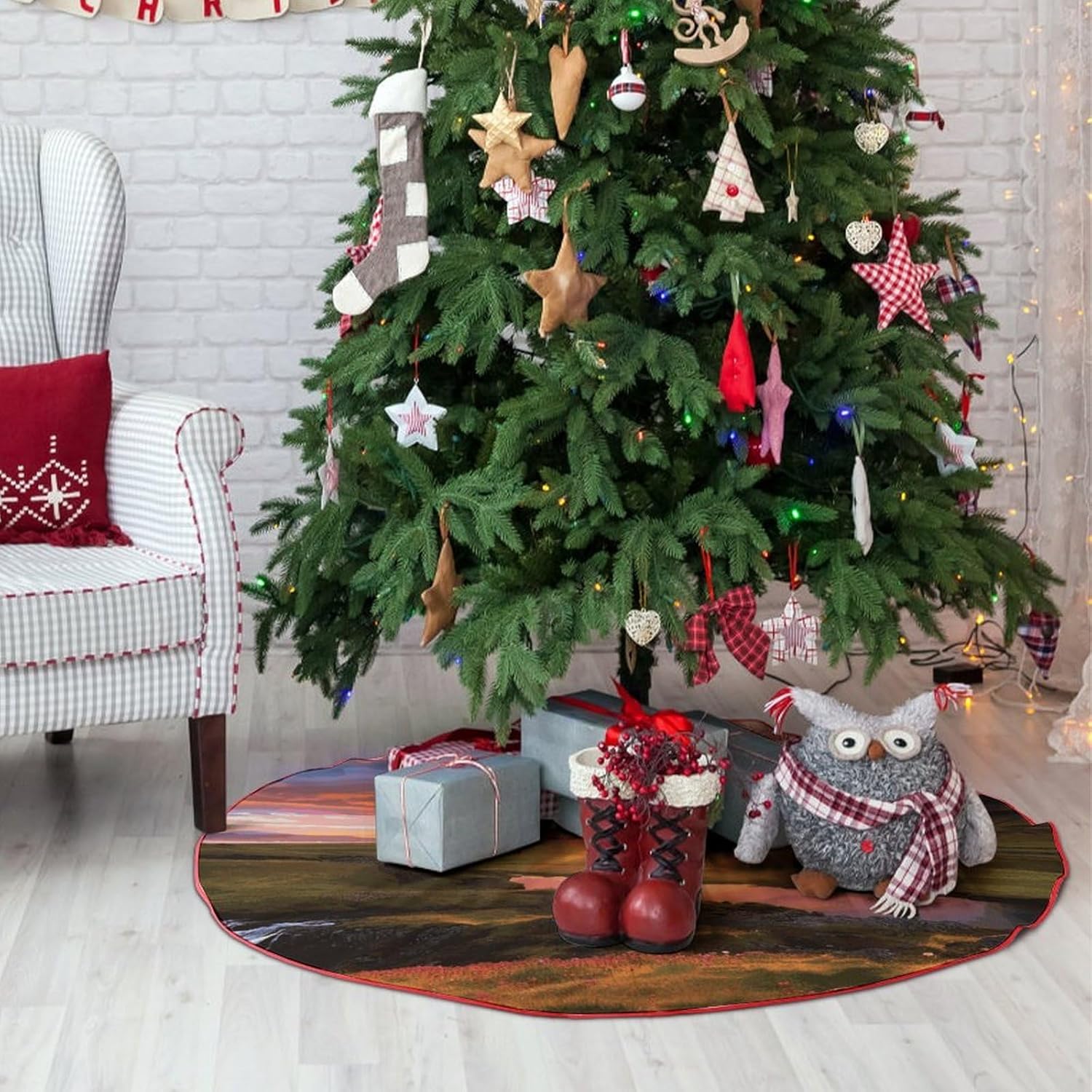 Christmas Tree Skirt,for Xmas Tree Holiday Party Decorations Iceland Sunset Printed Christmas Tree Mat Red Lace-up Christmas Tree Dress