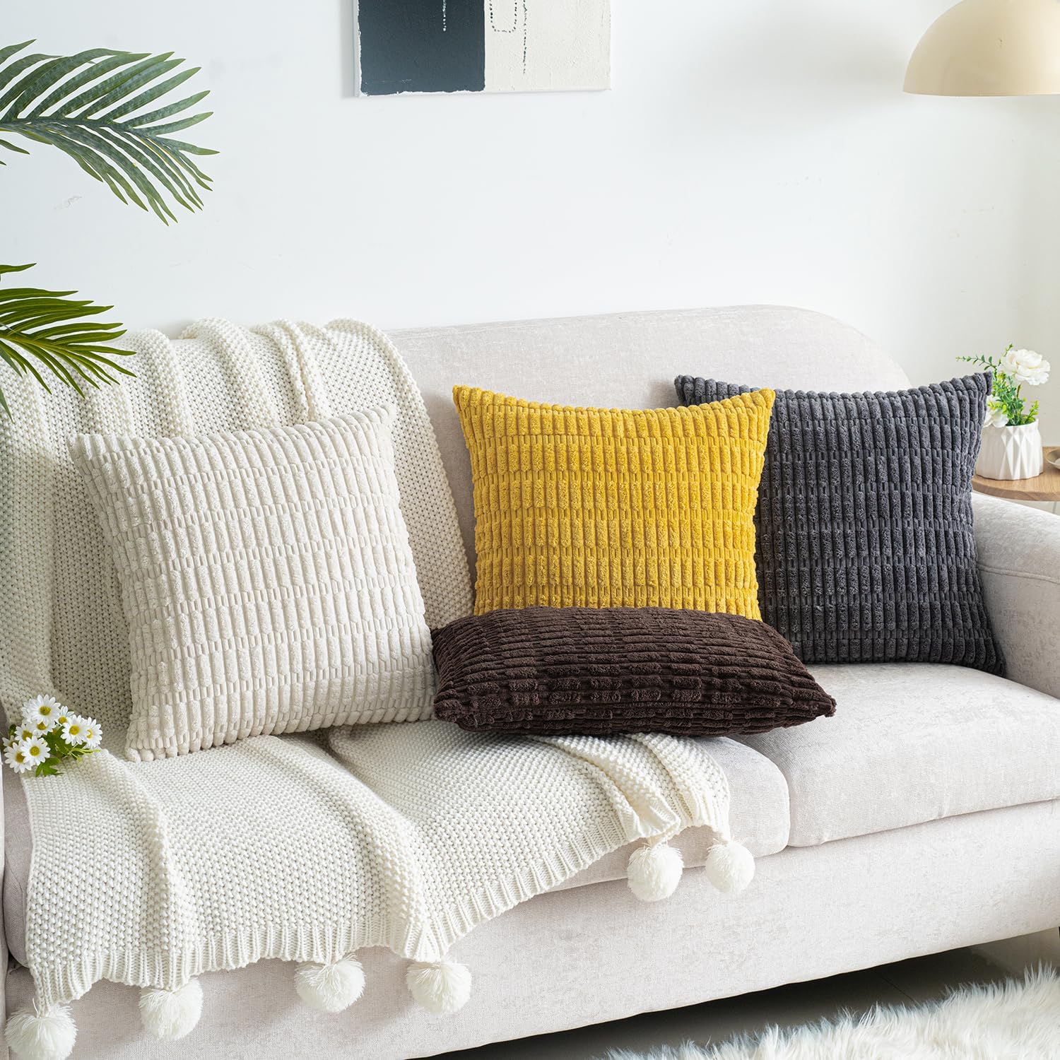 Pack of 2 Corduroy Decorative Throw Pillow Covers 18x18 Inch Soft Boho Striped Pillow Covers Modern Farmhouse Home Decor for Sofa Living Room Couch Bed Cream White - Image 6