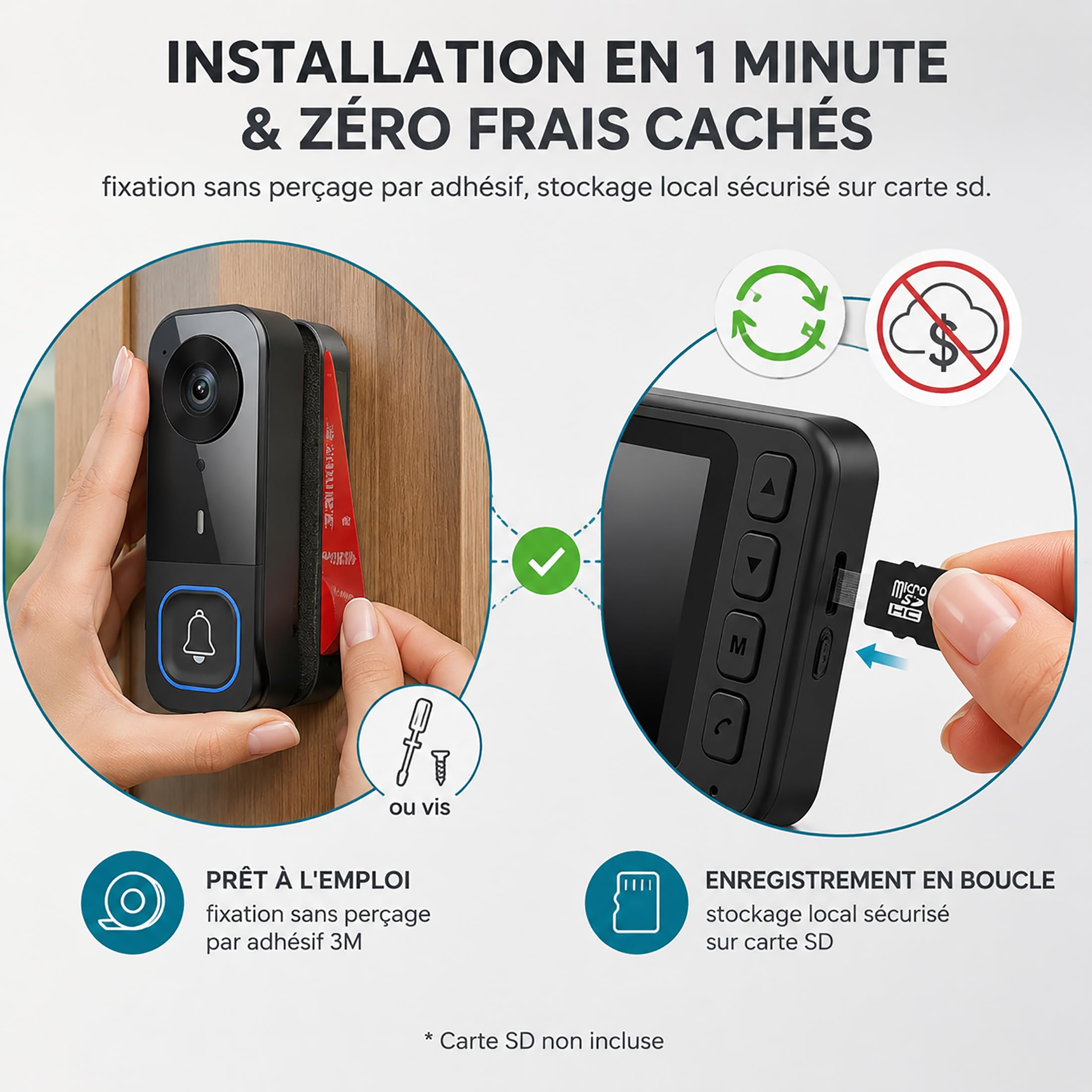 Sonnette sans Fil avec Caméra Extérieure Étanche IP65, Visiophone sans Fil Portée 40m, Interphone Vidéo sans Fil 1000mAh, Écran IPS 4.5 Pouces, Vision Nocturne Infrarouge, sans WiFi sans Application