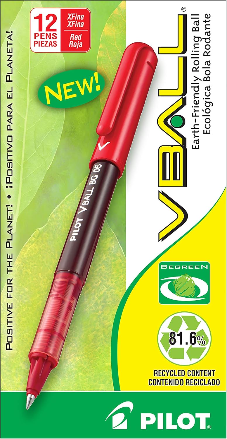 PILOT VBall BeGreen Liquid Ink Rolling Ball Stick Pens, Extra Fine Point, Red Ink, 12-Pack (53208)