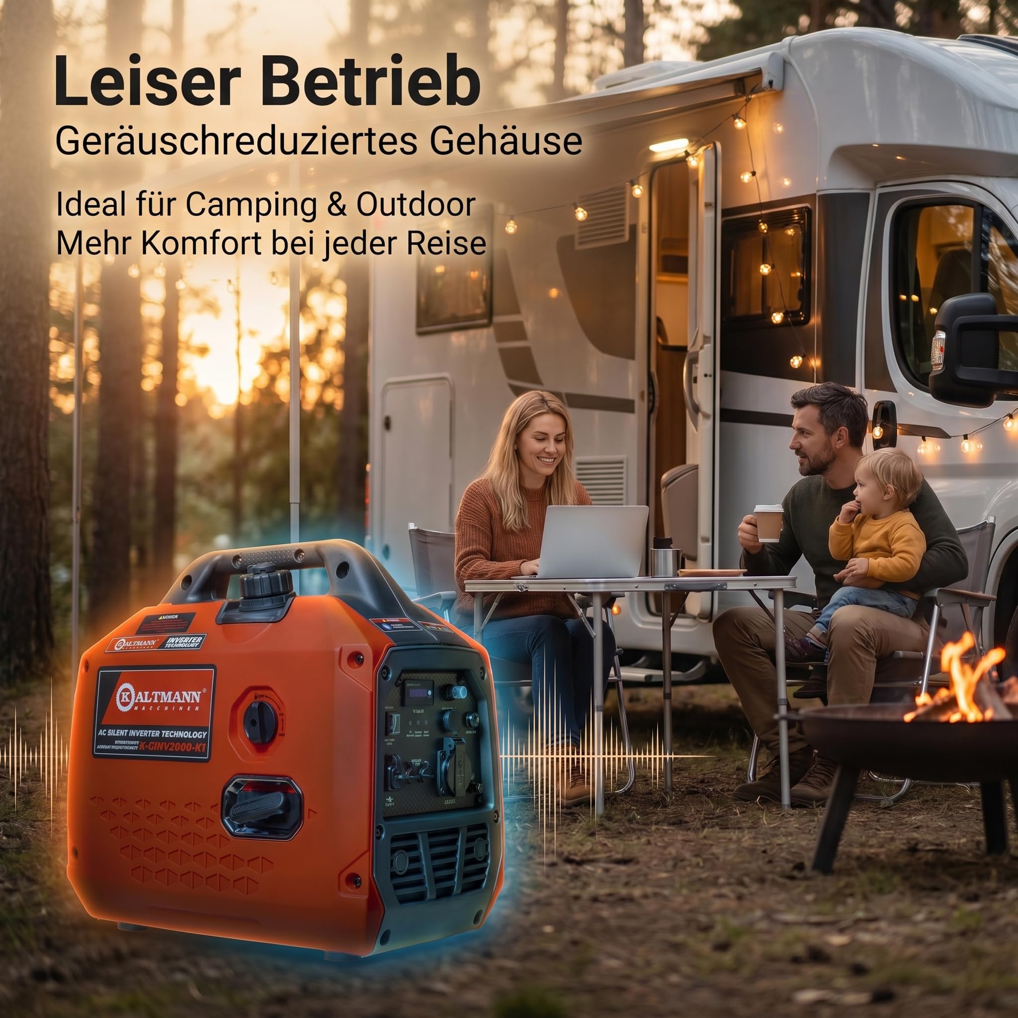 Leiser Inverter Stromgenerator 2000W - tragbares Benzin Notstromaggregat mit reiner Sinuswelle, Eco-Modus, Parallelbetrieb, USB-C & 230V - ideal für Camping, Wohnmobil, Wohnwagen & Outdoor