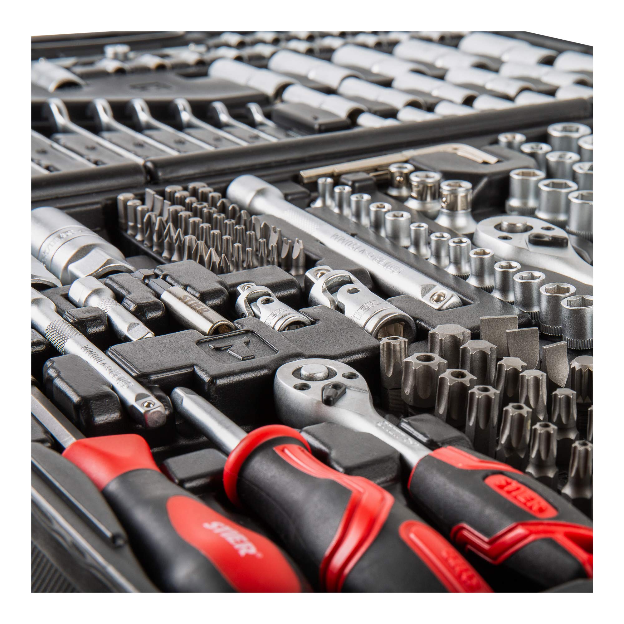 STIER Set di chiavi a bussola STIER, 216 pezzi, cricchetto reversibile da 1/2", 1/4" e 3/8", inserto per chiave a bussola esagonale, inserti per chiave a bussola con punta a bussola Phillips Pozidrive