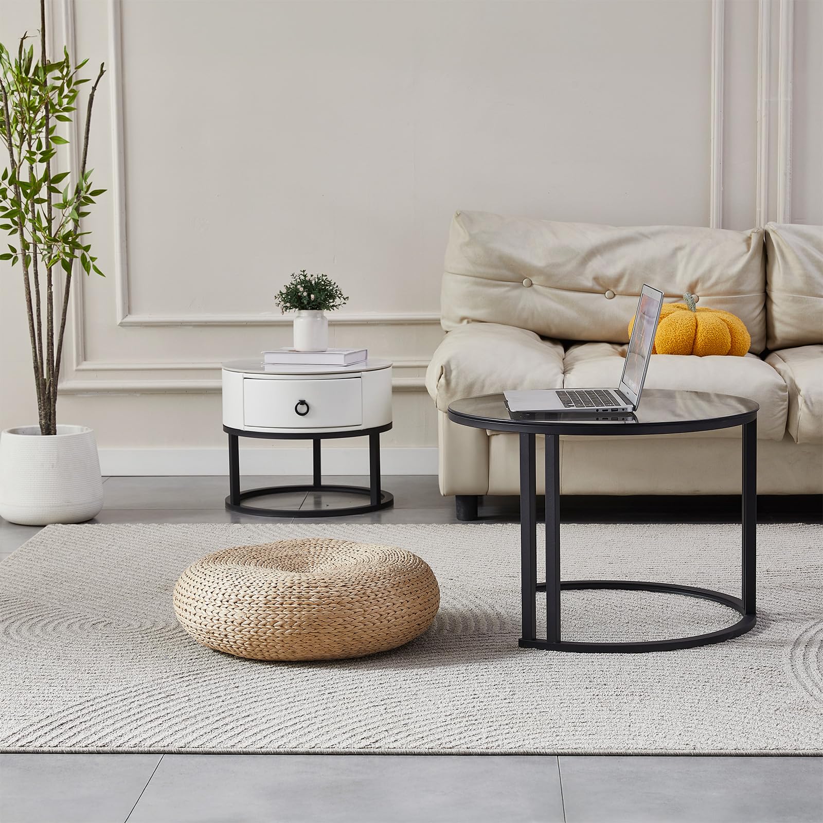 SHARPDO Tables Basses gigognes, Pierre Sinterisée & Verre trempé, Tiroir Simili Cuir Blanc, Lot de 2, Ø 60/45 cm, Design Moderne pour Salon, Ronde