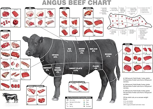 Decor Print Store Póster laminado 24x30 Angus Beef Cuts Carnicero Charts How To Cook Photo Picture Artwork Art Print Wall Hanging