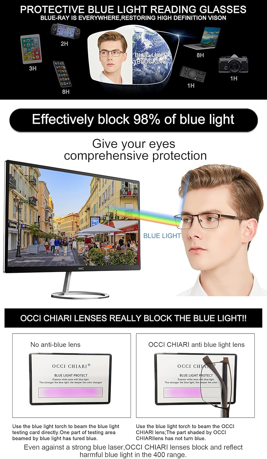 OCCI CHIARI Mens Rectangle Full-Rim Metal Black Non-prescription Clear Optical Glasses - Image 3
