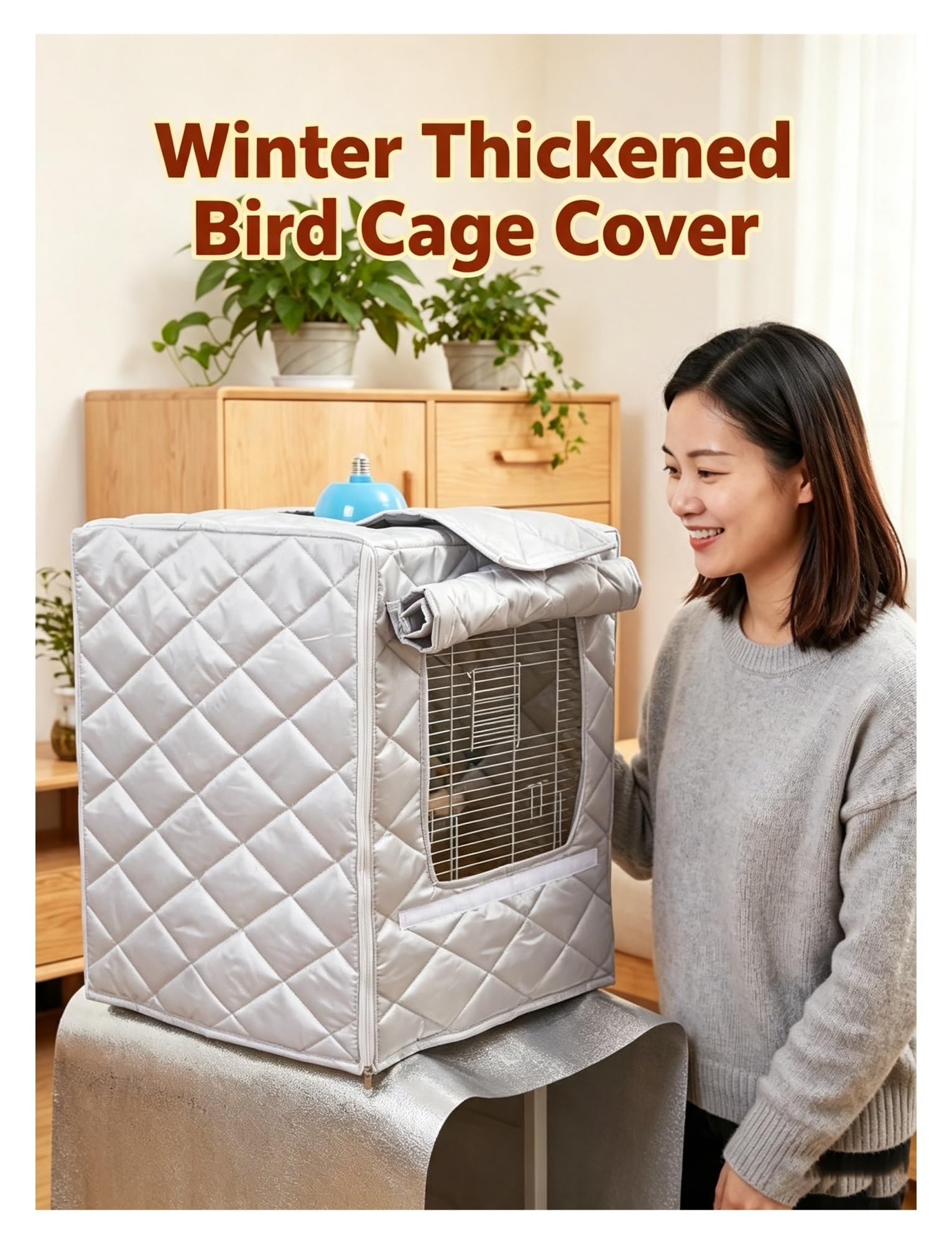 Copertura isolante per gabbia uccelli, imbottitura calda per inverno | Materiale in tessuto Oxford e cotone; adatta per pappagalli e piccoli uccelli; design traspirante;(62x42x54cm)