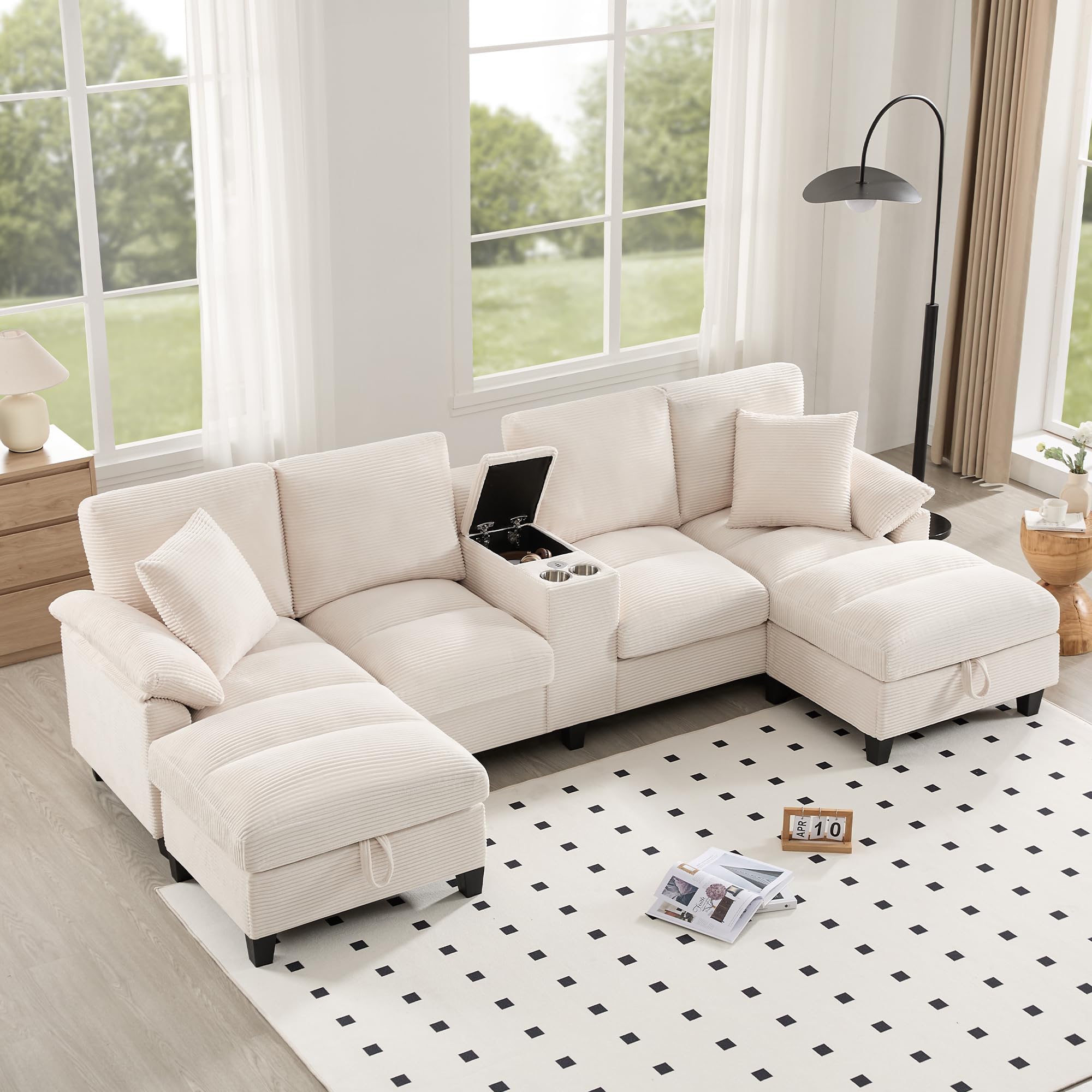 Grand canapé en forme de U avec espace de rangement, 4 places, avec ports USB et porte-gobelets en acier inoxydable, canapé modulaire avec coussin pour salon et appartement, beige