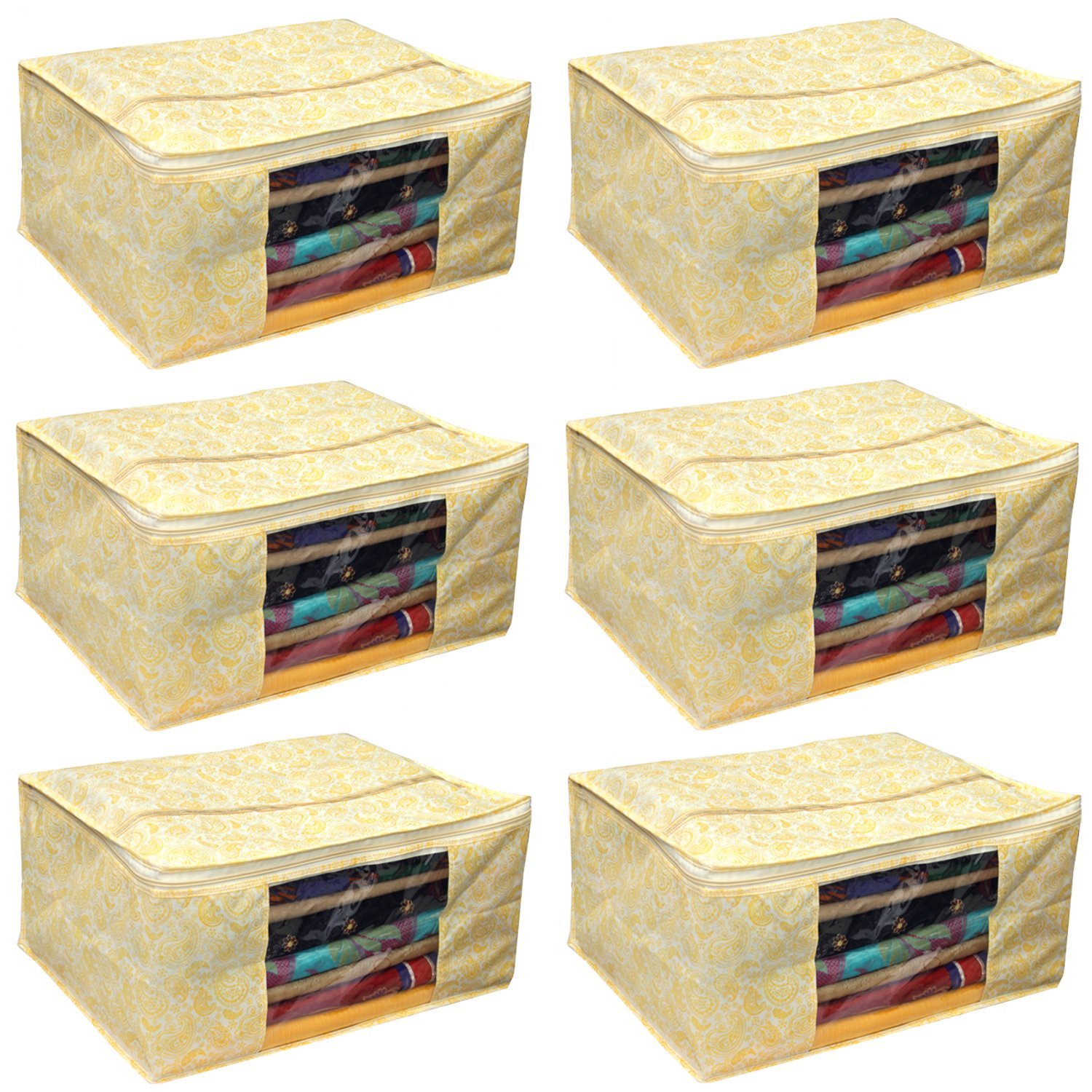 Kuber Industries Non Woven Fabric Saree Cover/Clothes Organizer|Solid Color & Transparent Window|Zipper Closure With Foldable Material|Size 46 x 35 x 22, Pack of 6 (Gold)