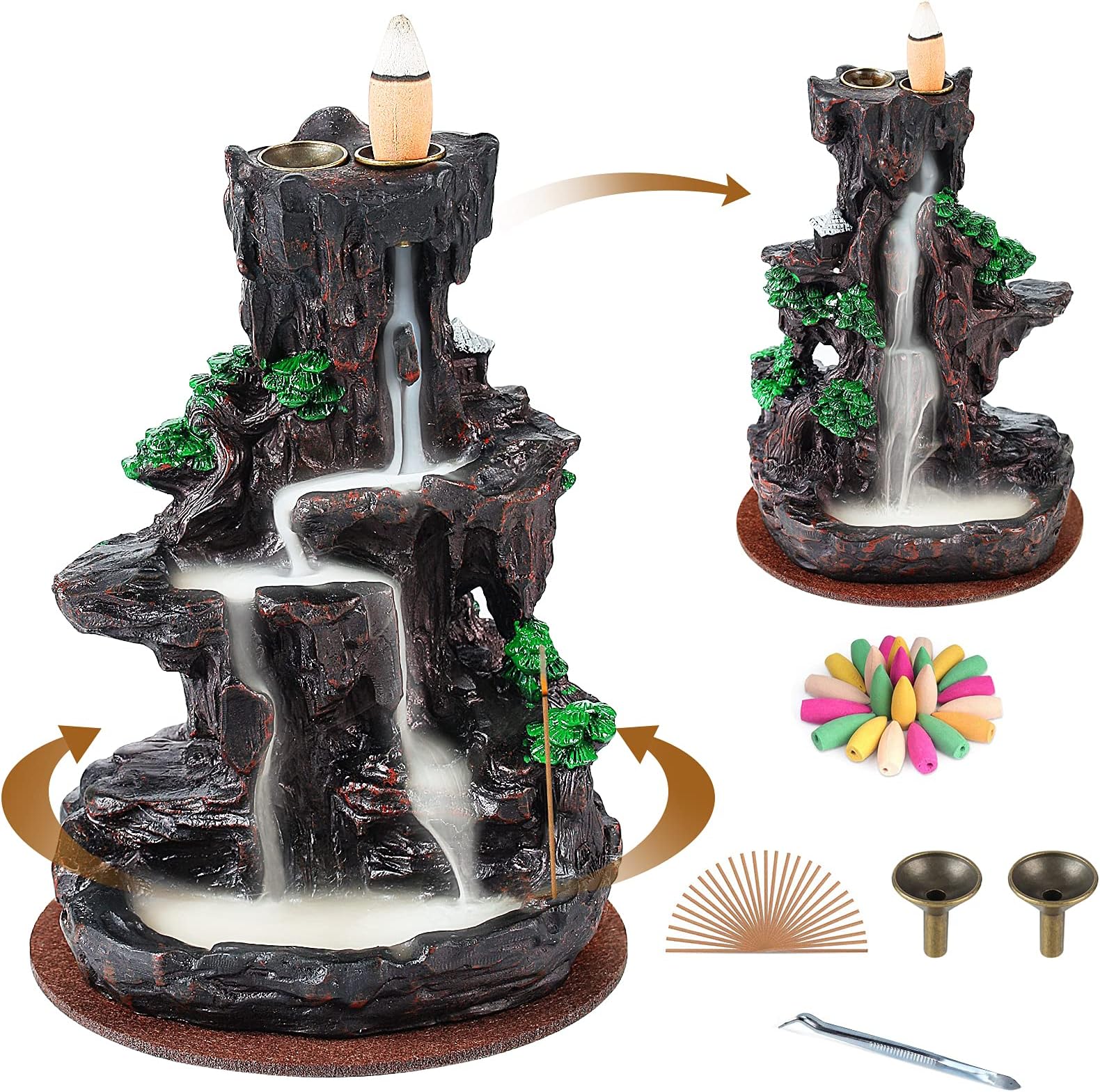 SPACEKEEPER Incense Burner, Backflow Incense Holder 2 Sides Waterfall Incense Burnier with 120 Backflow Incense Cones, 30 Incense Sticks, Aromatcherapy Ornamen for Home