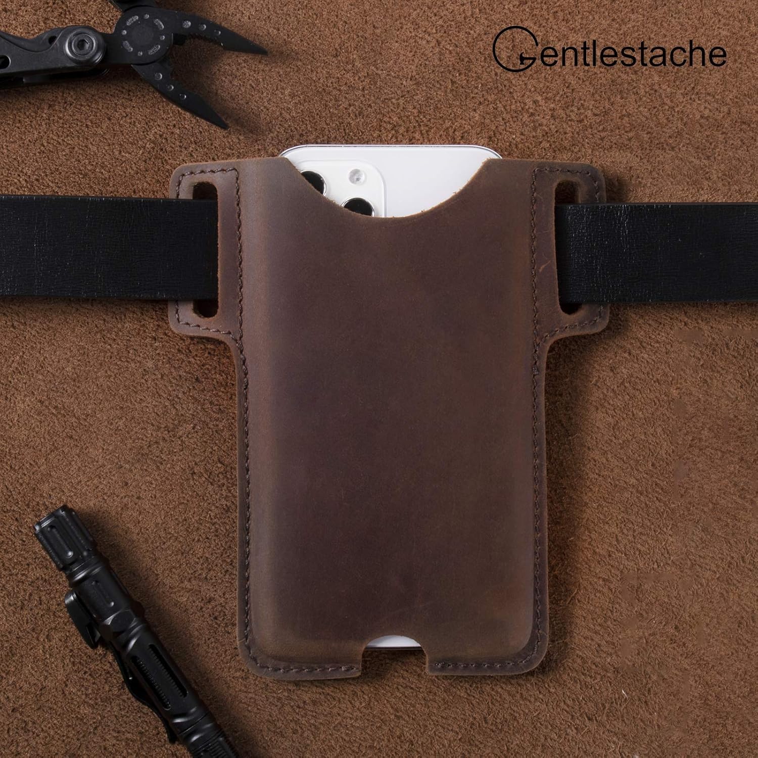 Gentlestache Leather Phone Holster for Belt Loop, Cell Phone Holder, Leather Belt Pouch for iPhone 12, 12 Pro Max,11 Pro Max, XS Max, 8 Plus, Galaxy S20
