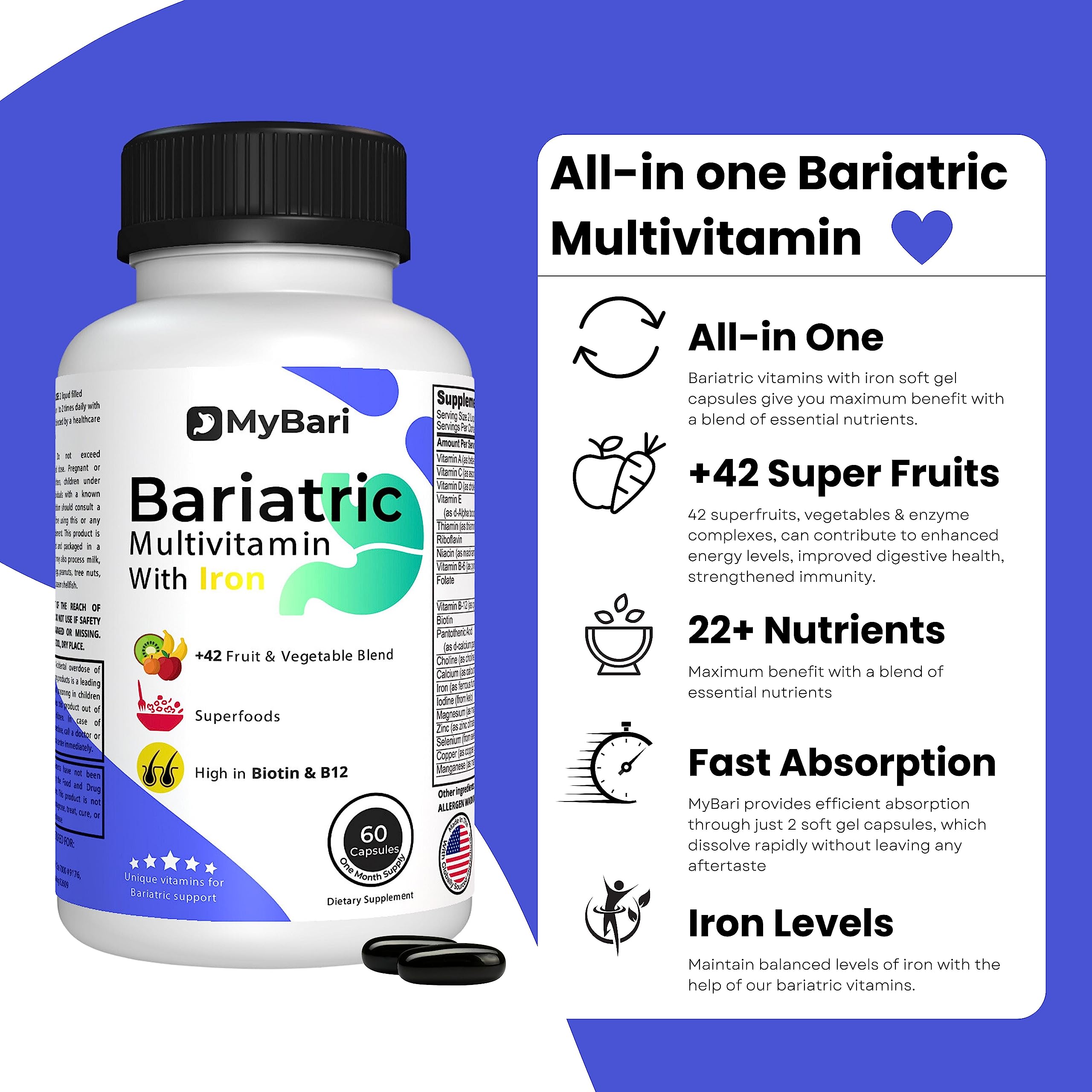All-in-One Bariatric Multivitamin with Iron - Made in USA - for Men & Women - Supports Gastric Sleeve & Bypass with 42+ Fruit & Veggie Blend - 60 Liquid Capsules — Amazon image 2