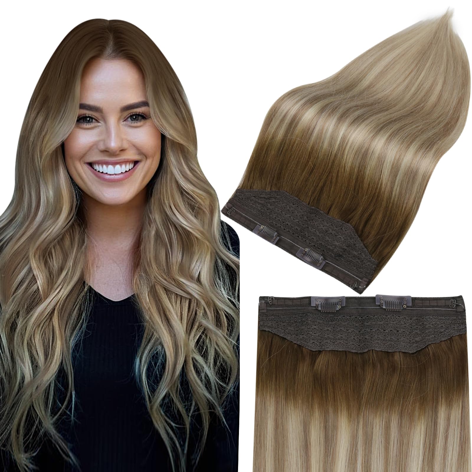 Fshine Wire Hair Extensions Real Human Hair Balayage Dark Brown to Ash  Brown and Blonde Invisible Wire Human Hair Extensions 20 Inch Ombre Layered