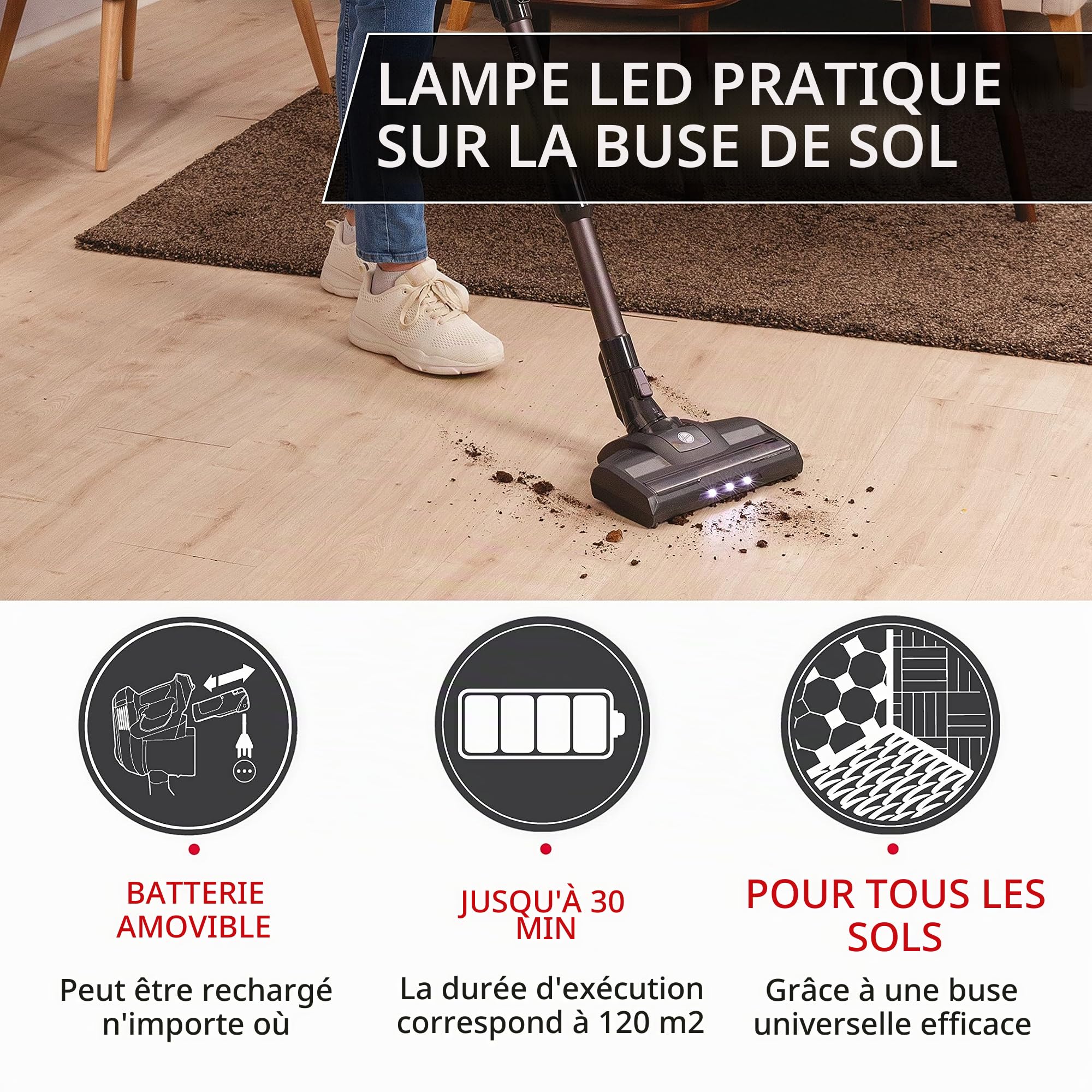 Hoover HF103X, Aspirateur Balai sans Fil Multifonction, Puissant 22V, Grande Autonomie 30m, Grande capacité 0,9L, Electrobrosse LED, Position Park&GO,Vidage Facile,Tube Flexible+Accessoires Embarqués