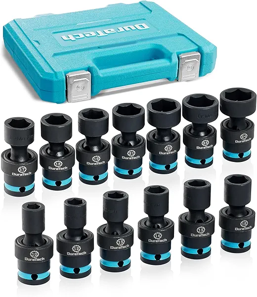 DURATECH 1/2" Drive Impact Swivel Socket Set, 13-Piece Shallow Wobble Sockets, Universal Joint Socket Set Metric, Cr-Mo Steel, 6 Point, Organized in Sturdy Storage Case(10-24mm) 13 PCS Metri