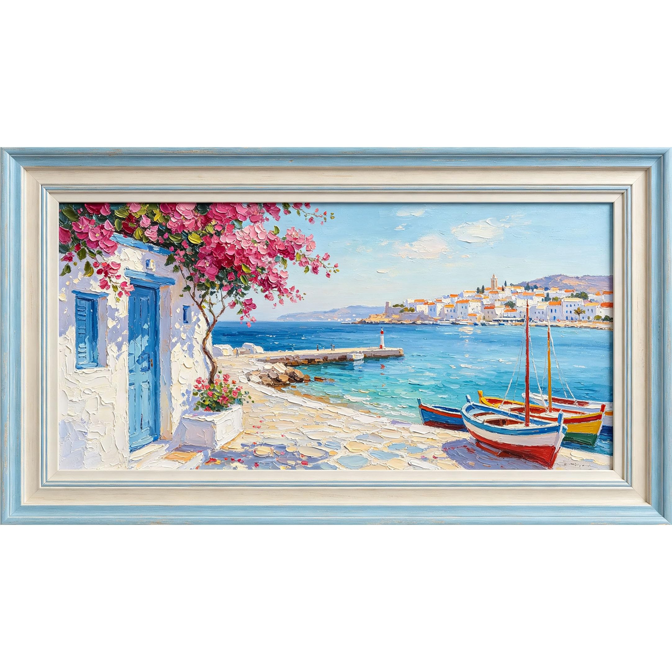 QZLITHOTIC 50x90cm3D Framed Wall Art， Coastal Mediterranean Seaside Boats Blooming Bougainvillea Self‑Adhesive Mural， Water‑Activated Peel & Stick Fabric Decor Wall Decal for Bedroom Living Room