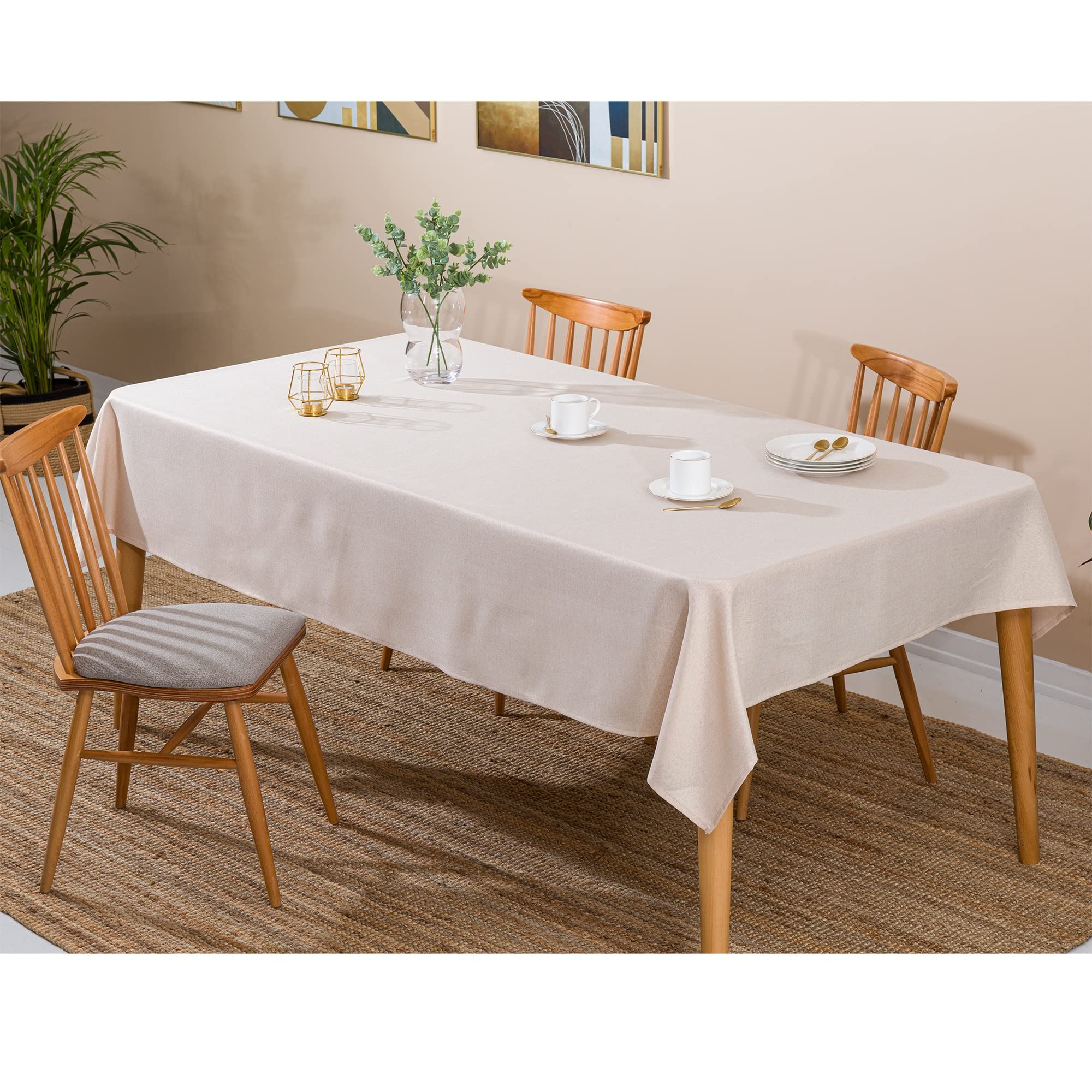 Soft & Stylish Rectangle Table Cloth 55 x 102 inch, Faux Linen Wrinkle Stain Resistant Washable Table Cover for 8 Foot Dining Tables, Oblong Waterproof Polyester 8ft Burlap Tablecloth, Ivory Champagne
