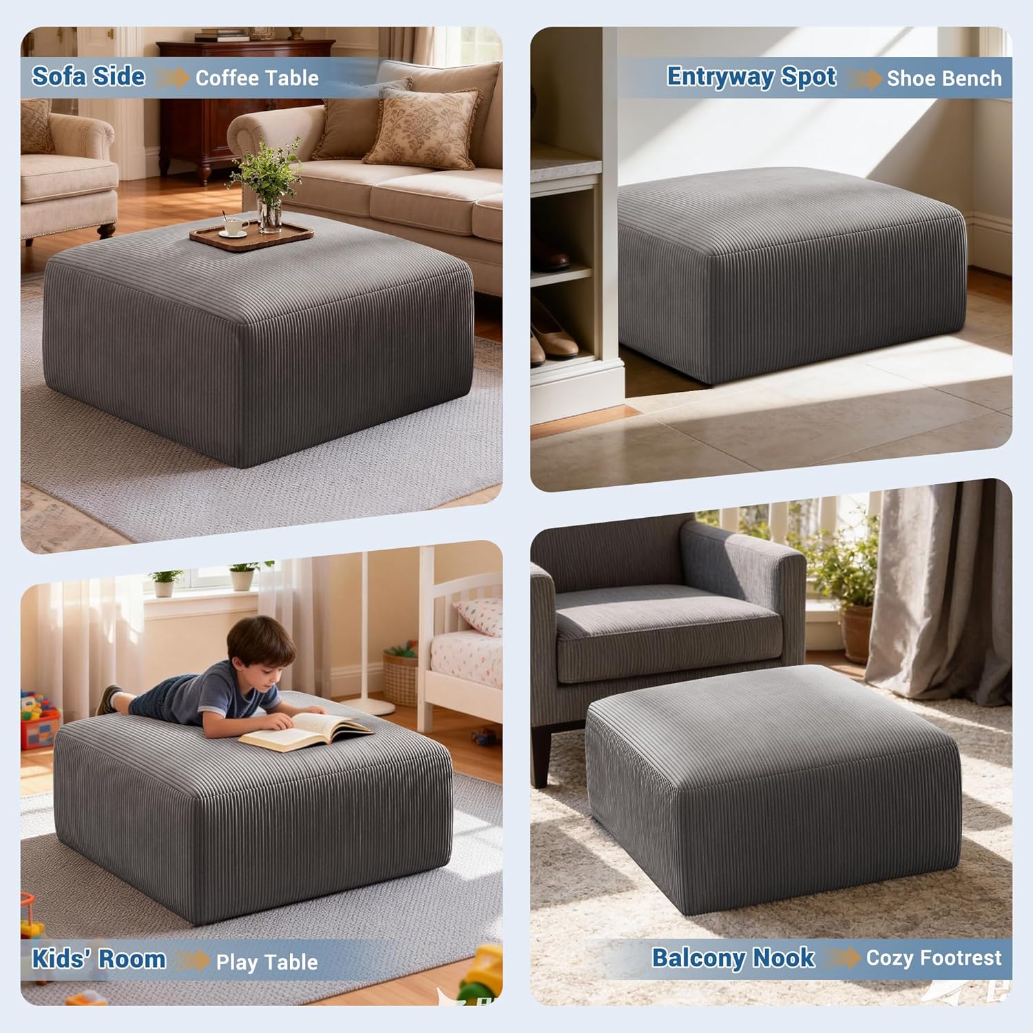 40 Inch Oversized Square Corduroy Ottoman Pouf - Poofy Soft Foot Rest with Foam Chunk Filling, Movable Large Couch Ottoman Pouf Footstool for Living Room Sofa Bedroom, Grey(1 Piece)