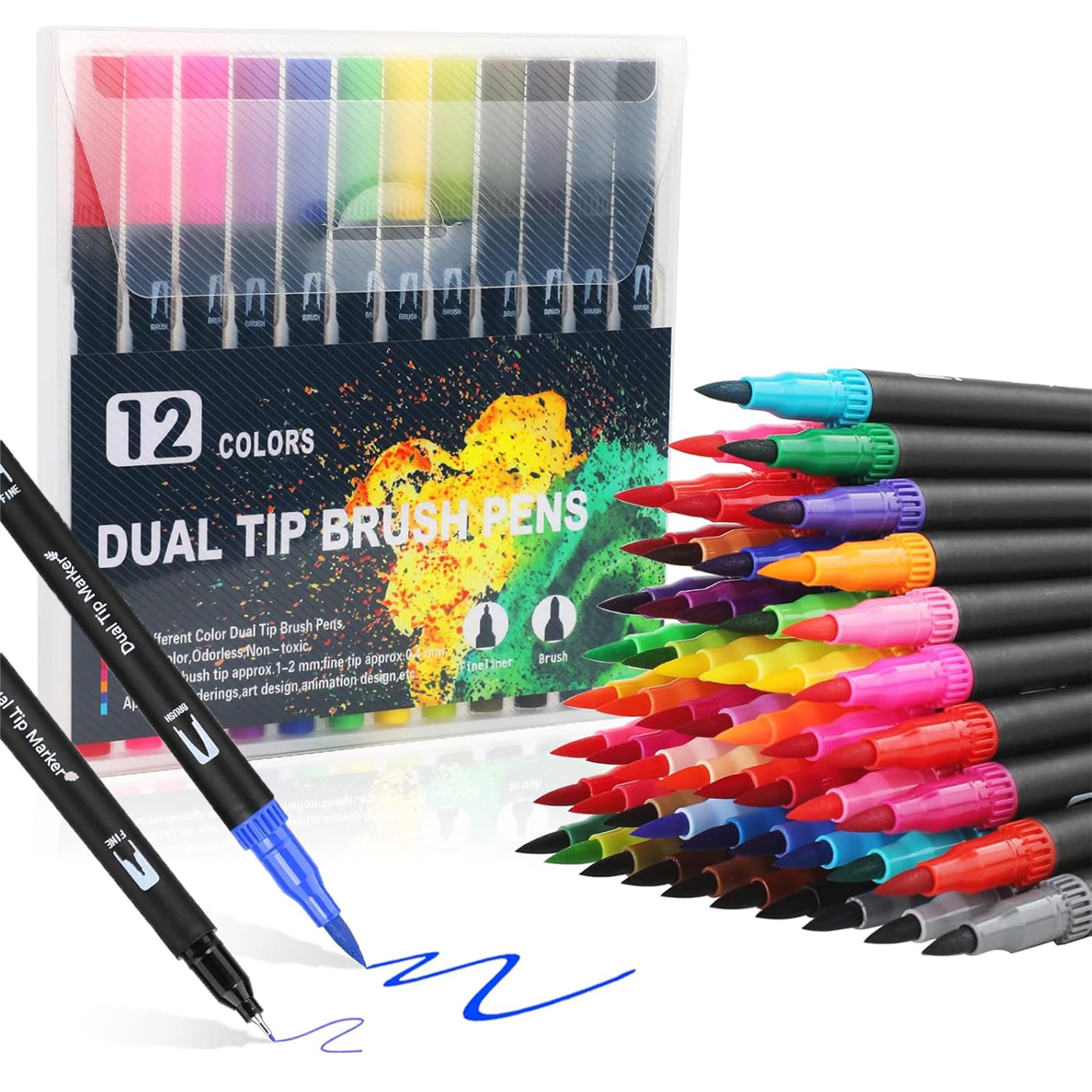 KLIFFOO Dual Tip Colorful Art Markers 12 Color Sketch Pen With Carrying Case For Painting Sketching Calligraphy Drawing, Brush and Fine Point Permanent Coloring Marker For Kids Adult, Multicolor(12)