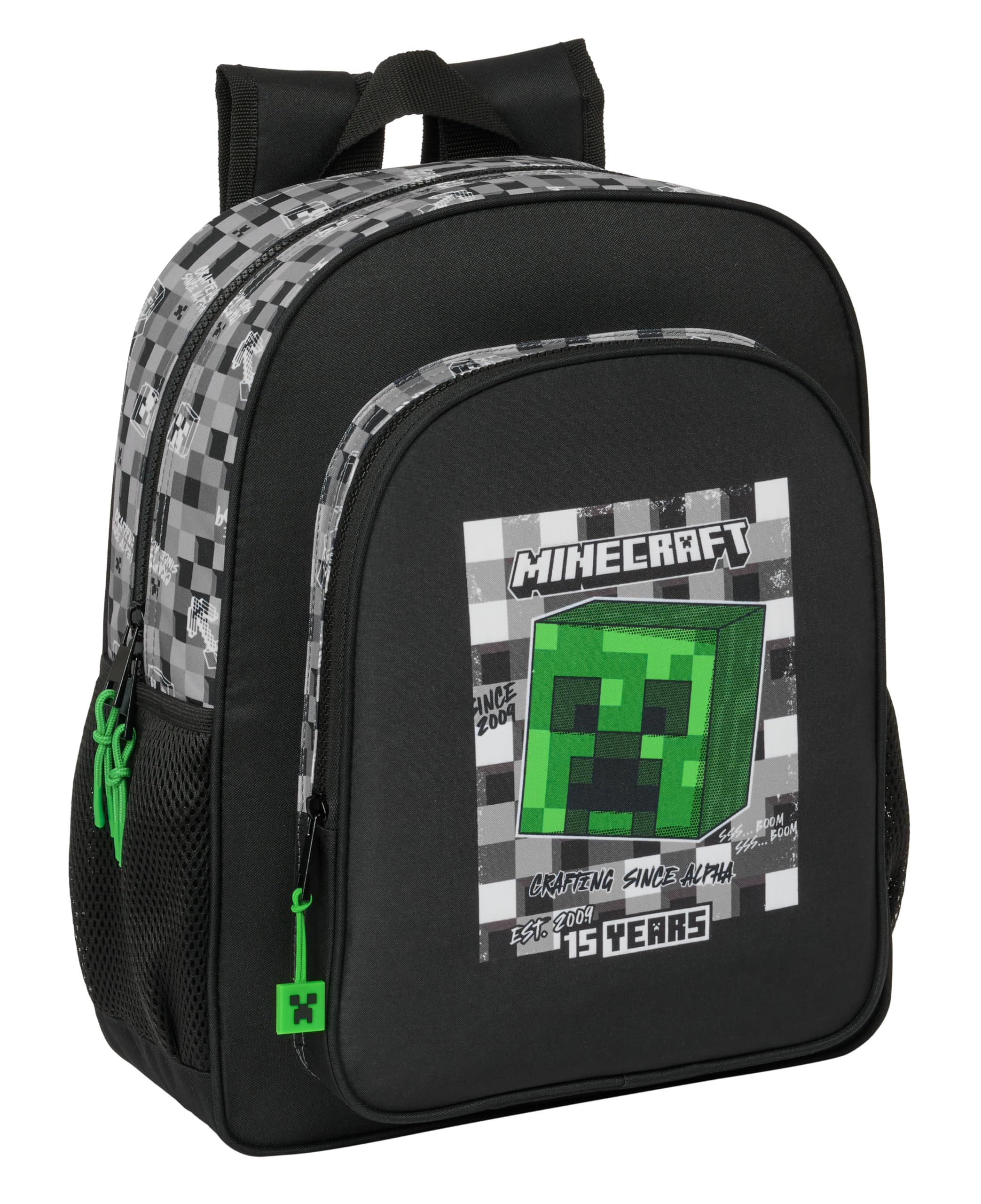 Safta MINECRAFT - Mochila Escolar Niño, Mochila Infantil, Adaptable a Carro, Ideal para Niños en Edad Escolar, Cómoda y Versátil, Calidad y Resistencia, 32x12x38 cm, Color Negro/Gris/Verde