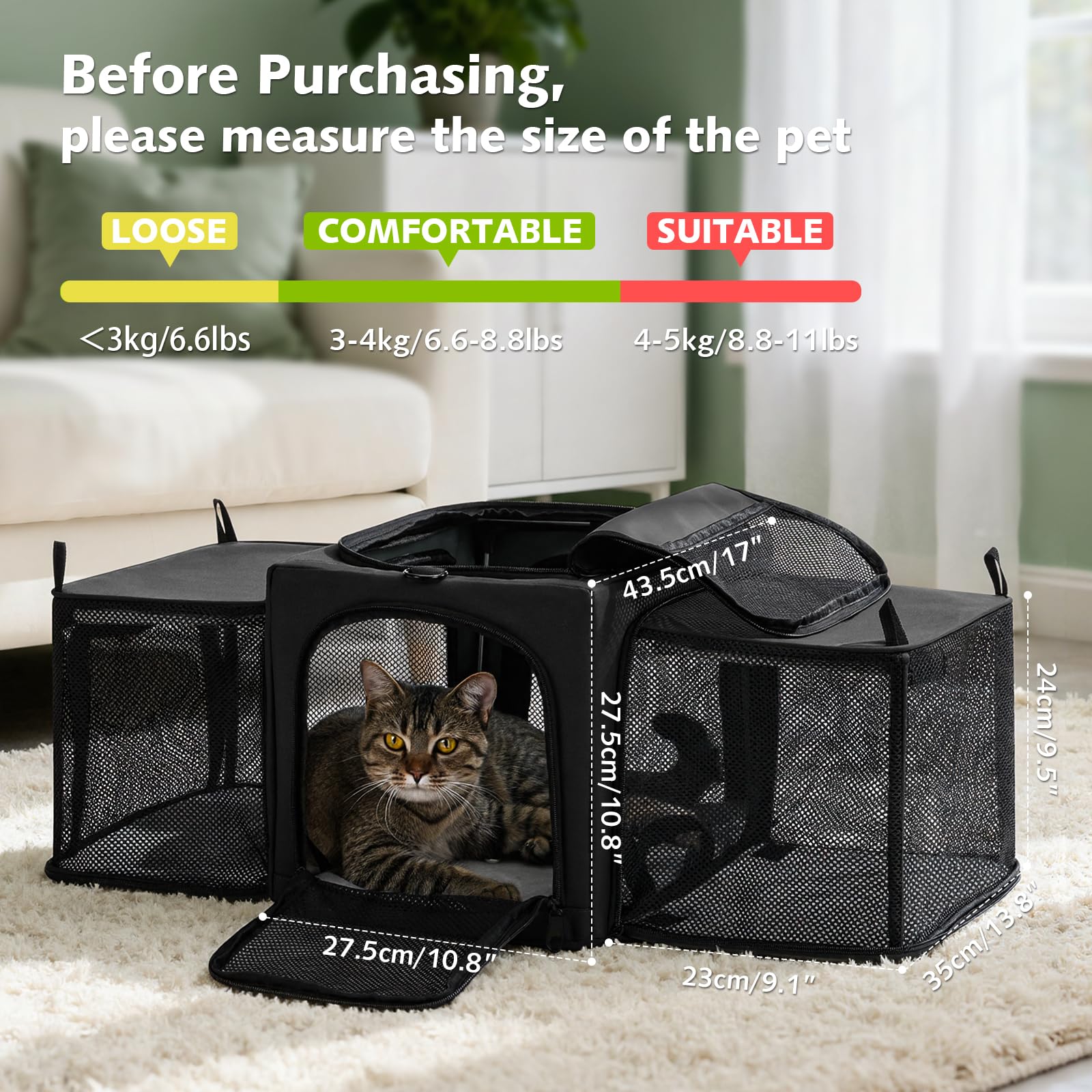 Pecute Transportbox Katze für Katzen & Kleine Hunde, Faltbar mit Seitenerweiterung, Atmungsaktiv Stabil, Ausbruchschutz, Für Auto Reisen Tierarzt, Dunkelgrau