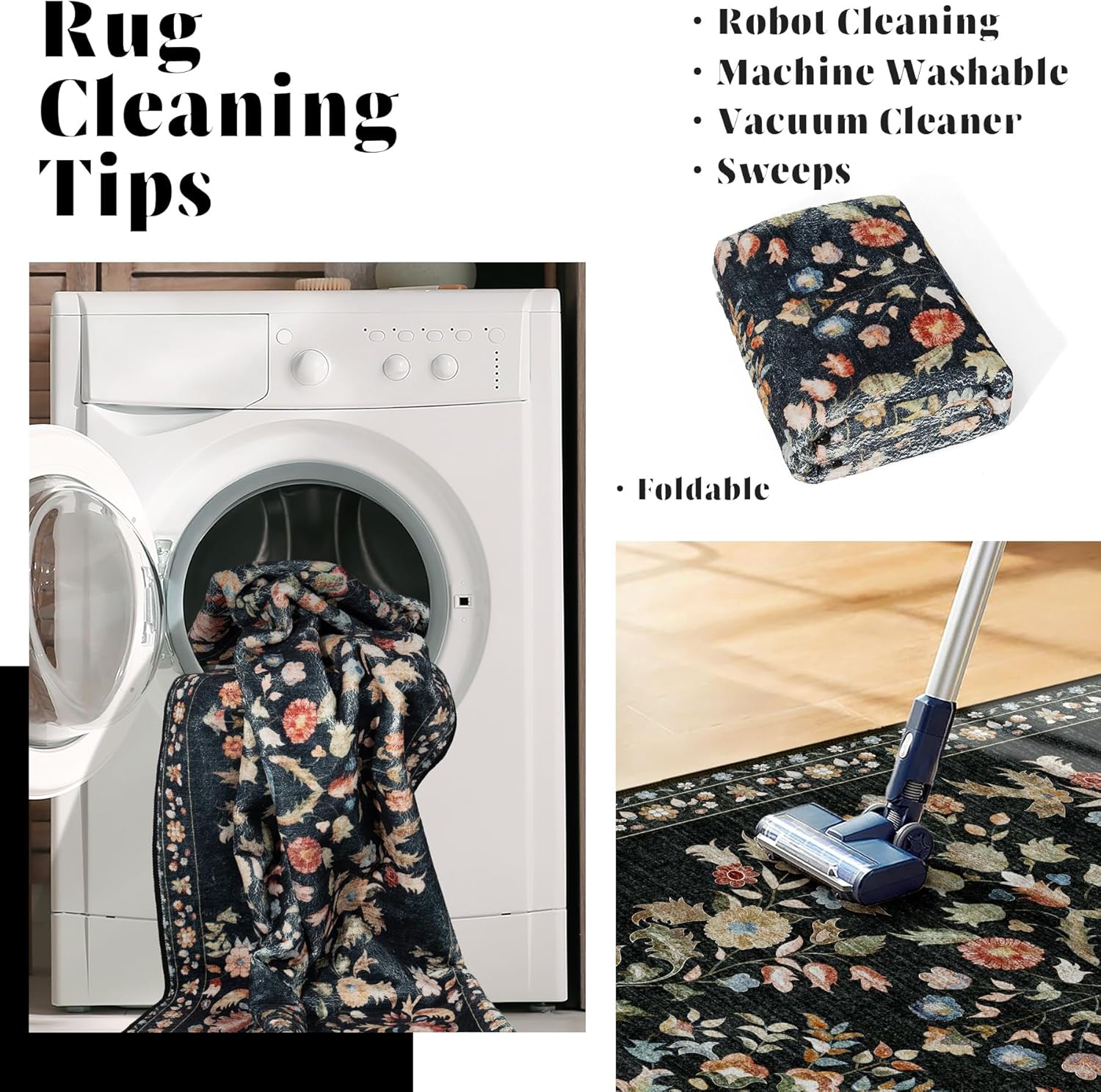 MUJOO 9x12 Area Rug Washable,Large Floral Rugs for Living Room Bedroom Dining Room,Boho Indoor Floor Rug Non Slip Throw Carpet Low Pile Vintage Black